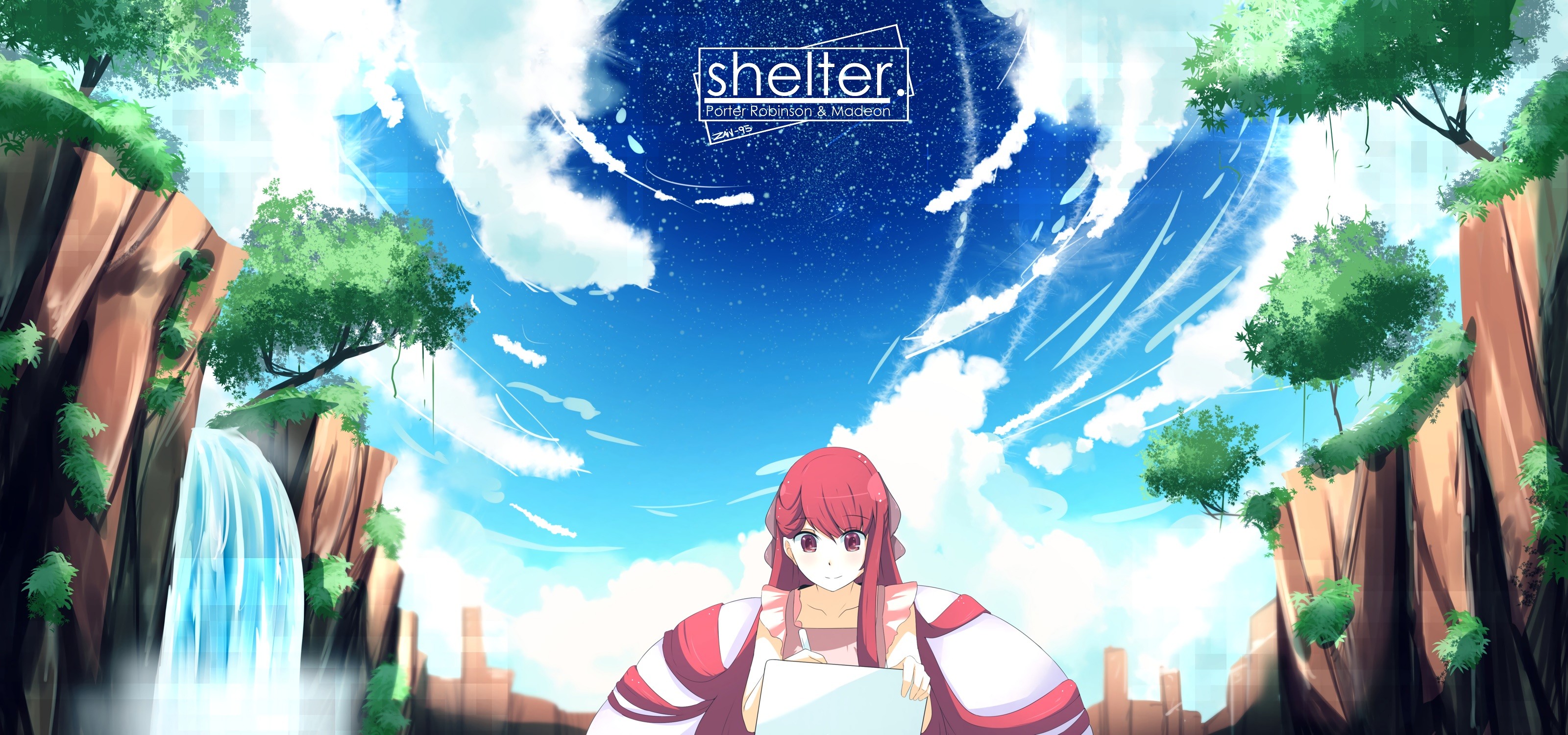 Anime 3200x1500 anime anime girls shelter Rin (Shelter) clouds long hair red eyes redhead sky