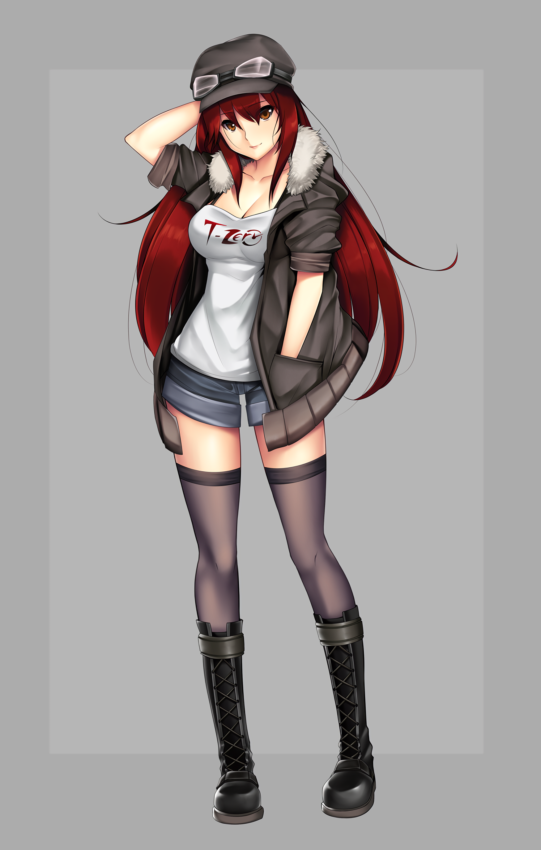 Anime 1750x2750 anime anime girls stockings shorts open shirt bra long hair redhead brown eyes hat