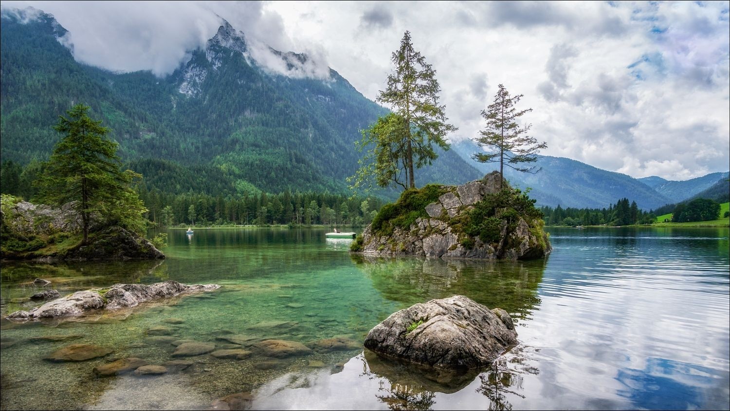 General 1500x844 photography landscape nature lake mountains clouds rocks forest pine trees boat spring Germany