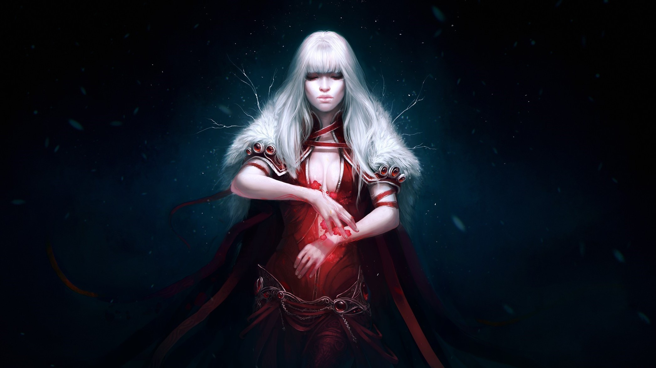 General 2093x1176 fantasy art artwork fantasy girl white hair blue background long hair women