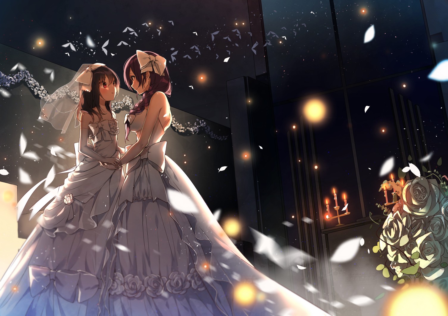 Anime 1505x1062 anime girls wedding dress Toujou Nozomi Yazawa Nico Love Live! two women lesbians couple dress white dress white clothing anime