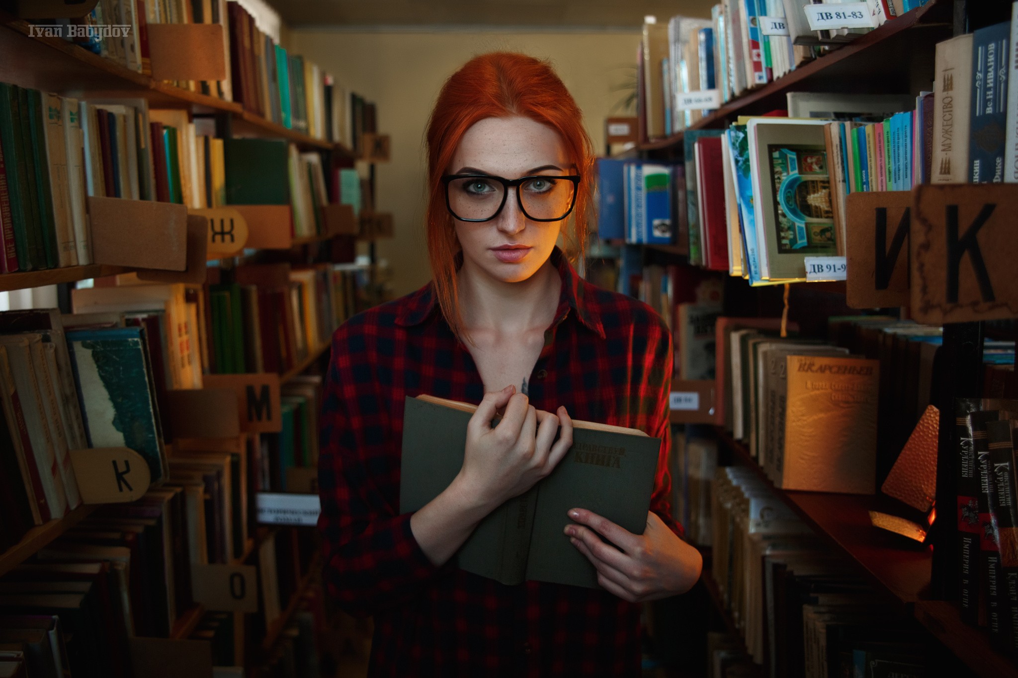 People 2048x1365 women redhead women with glasses portrait Ivan Babydov women indoors indoors glasses dyed hair looking at viewer plaid shirt shirt plaid clothing books library
