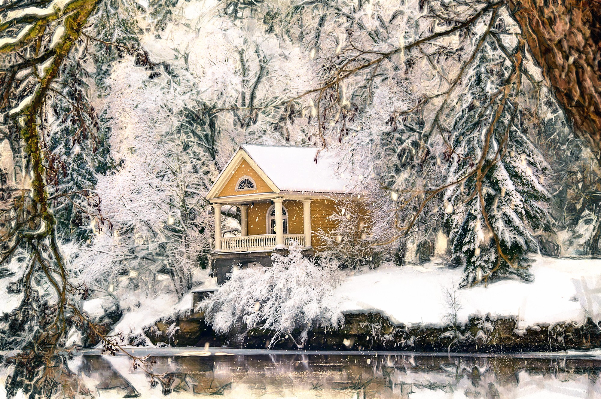 General 2000x1328 house winter snow snowing river