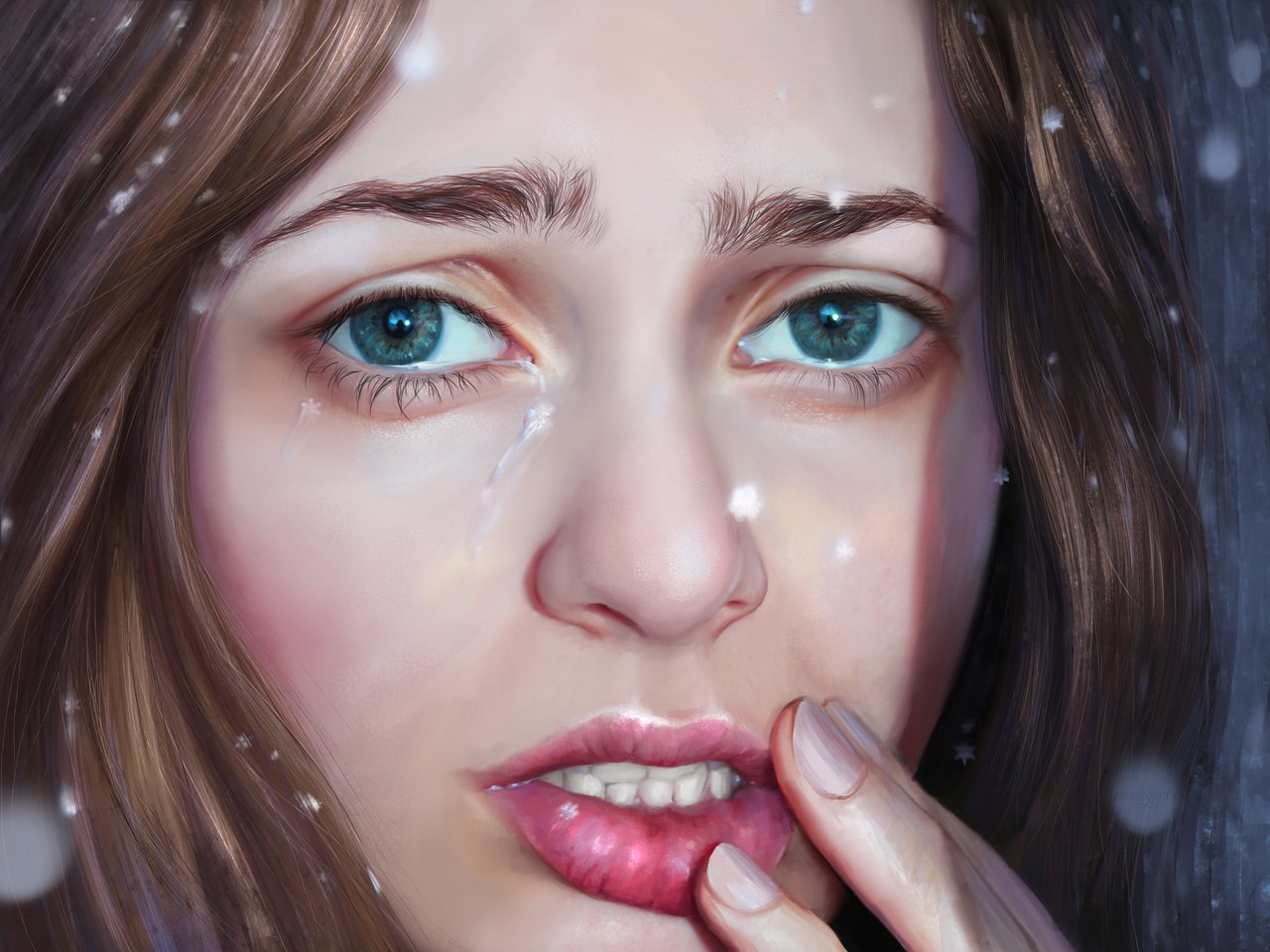 General 1280x960 drawing women blue eyes sad lips face portrait closeup parted lips snow