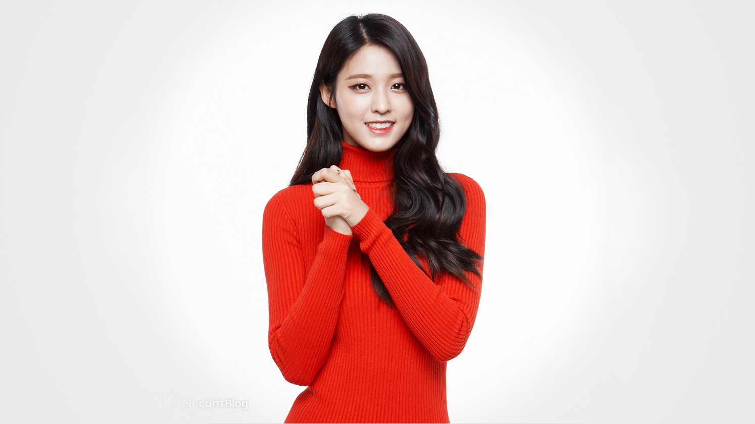 People 1494x840 K-pop Seolhyun AOA women red sweater white background simple background red clothing women indoors indoors long hair Korean women looking at viewer studio Asian smiling