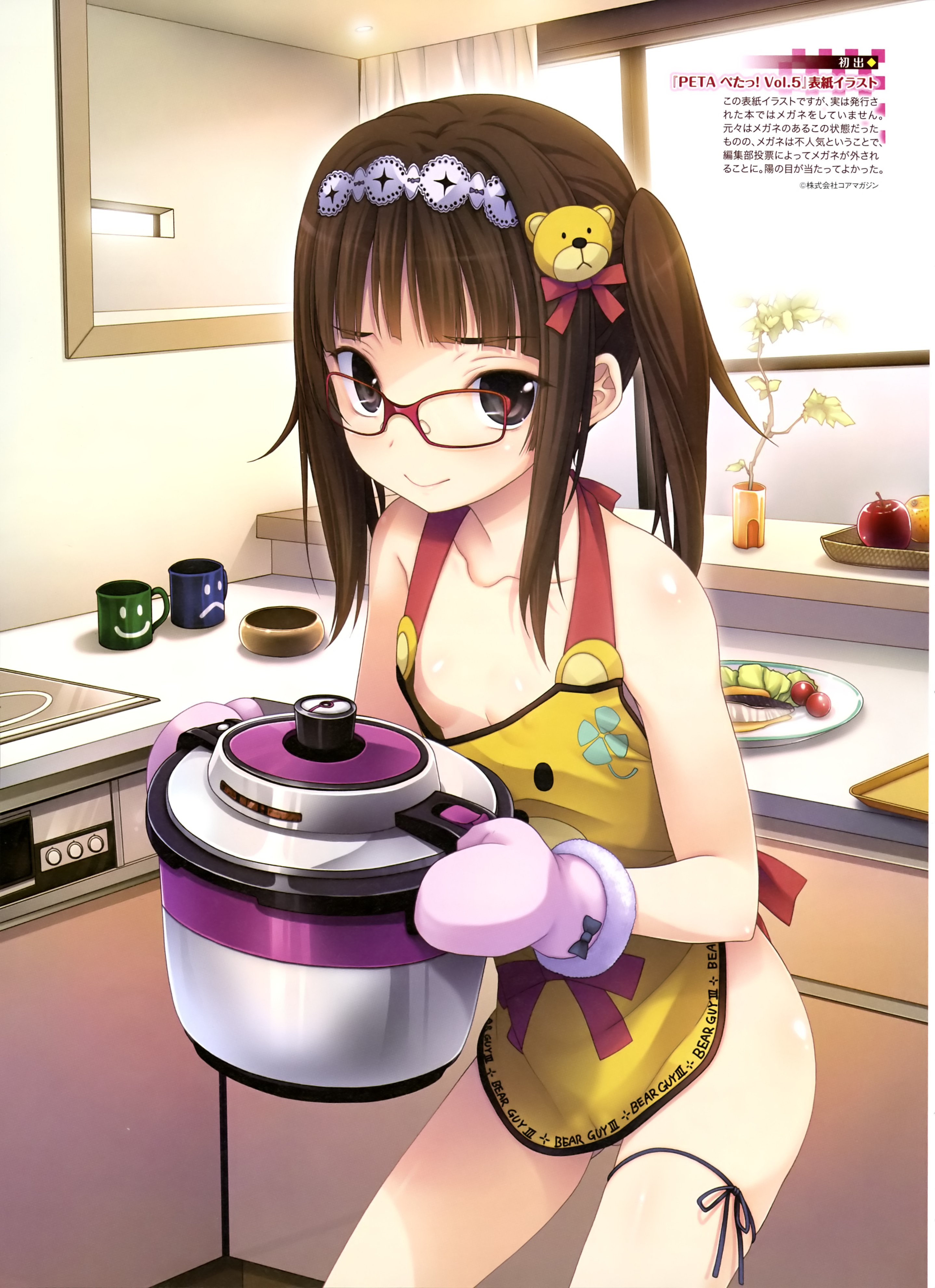 Anime 2876x3963 anime loli original characters glasses anime girls women indoors cooking kitchen pot (tools) women with glasses brunette black eyes partially clothed apron naked apron