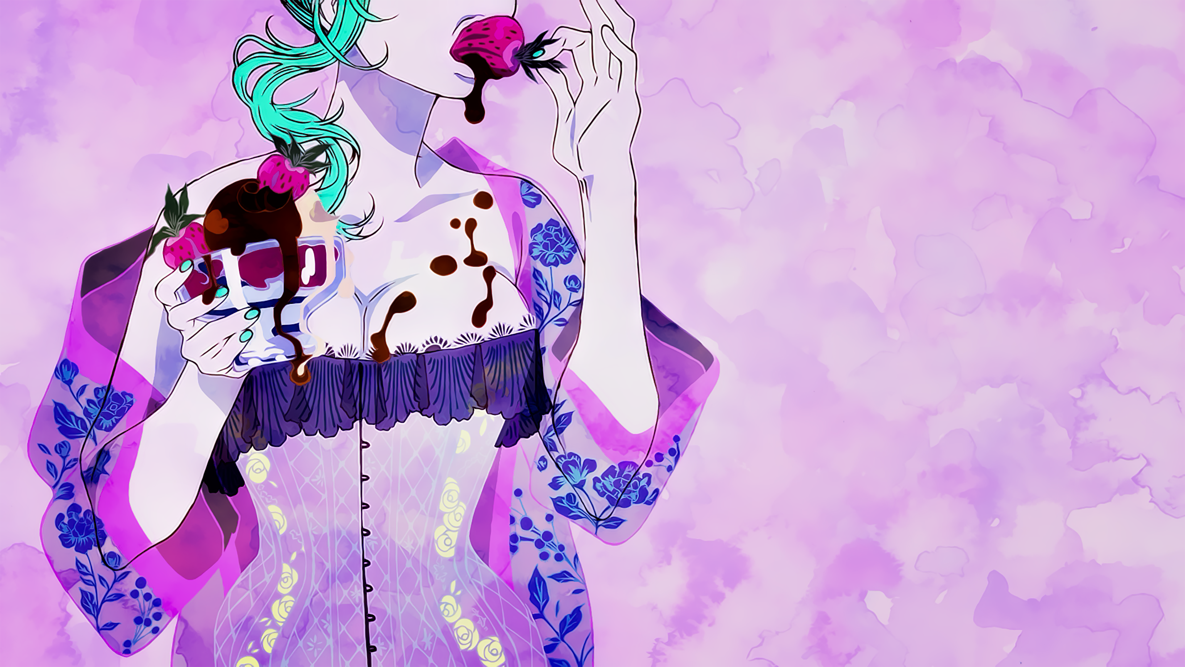Anime 3840x2160 Punch Line anime girls corset lingerie anime girls eating painted nails boobs strawberries anime DeviantArt food fruit eating underwear cyan nails pink background cyan hair bright