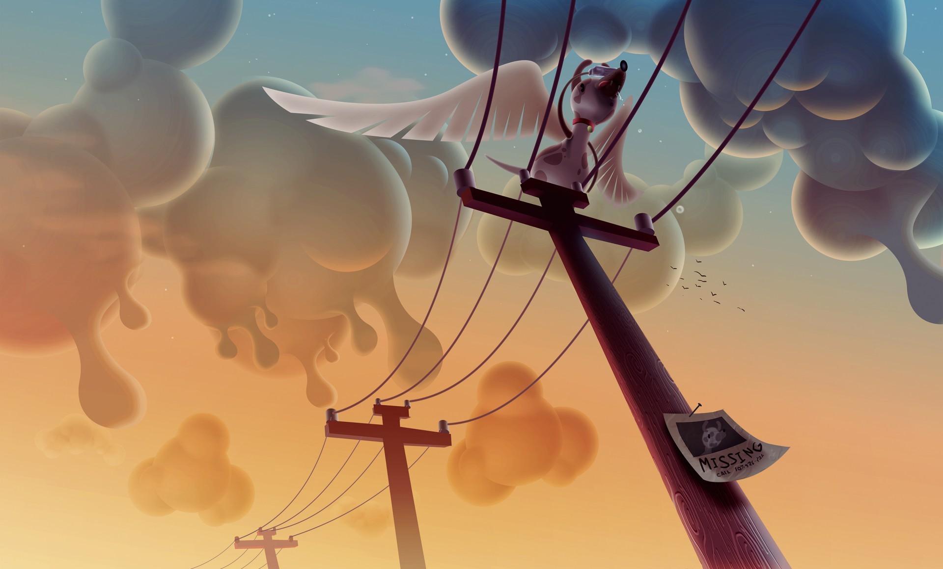 General 1920x1160 digital art Aaron Campbell animals utility pole dog clouds wings humor
