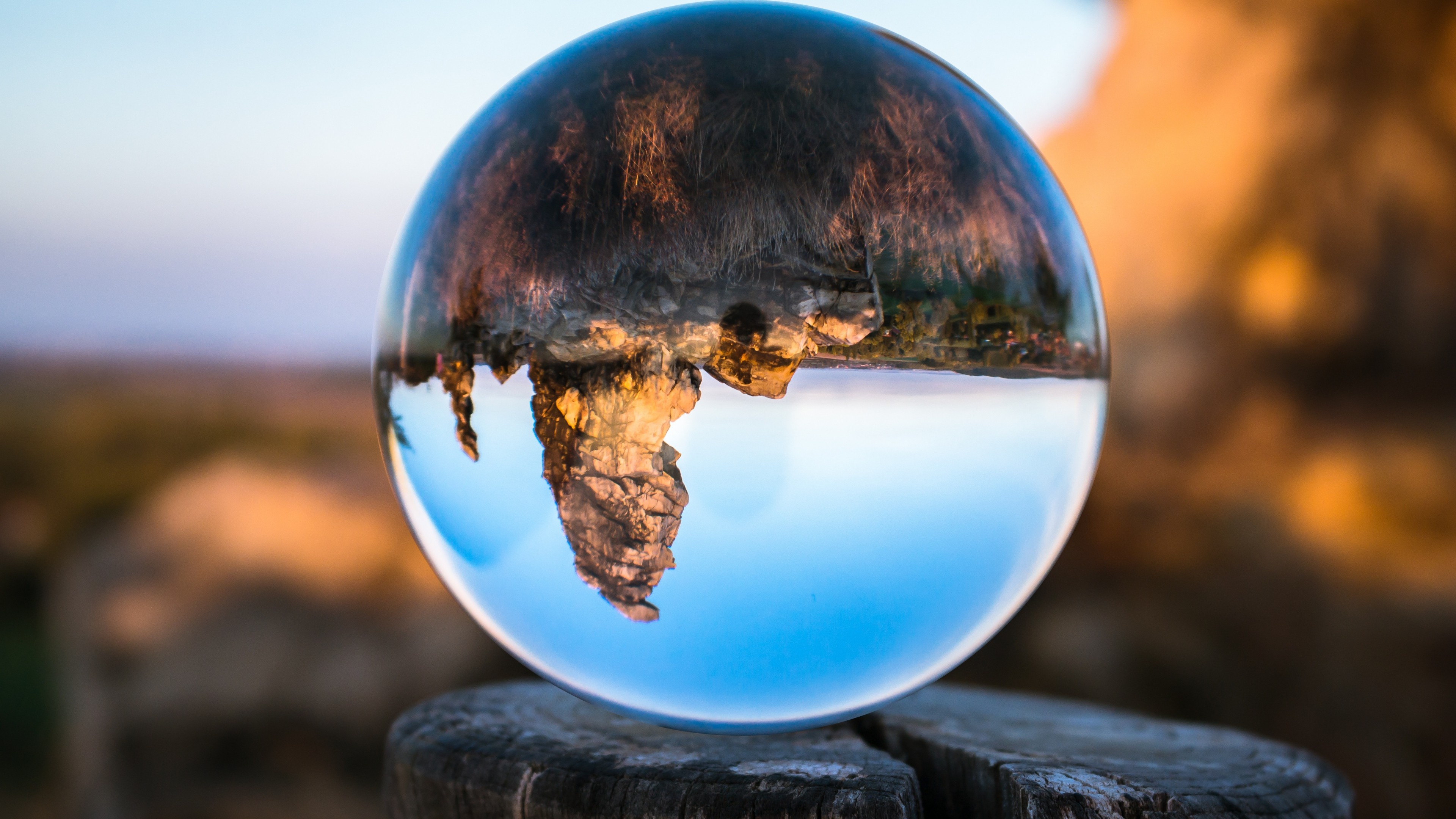 General 3840x2160 nature landscape trunks wood sphere glass reflection mountains rocks upside down trees depth of field clear sky Germany
