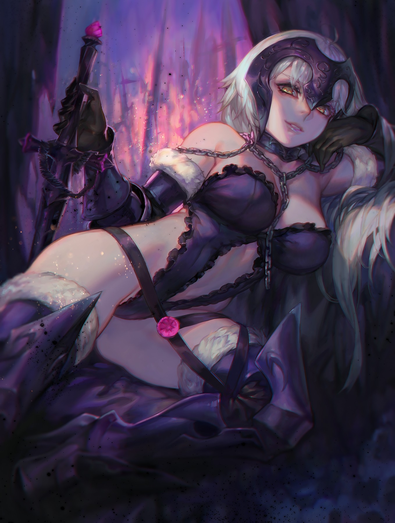 Anime 1358x1800 armor cameltoe cleavage Fate/Grand Order heels lingerie sword thigh-highs blonde chains Avenger (Fate/Grand Order) Jeanne (Alter) (Fate/Grand Order)