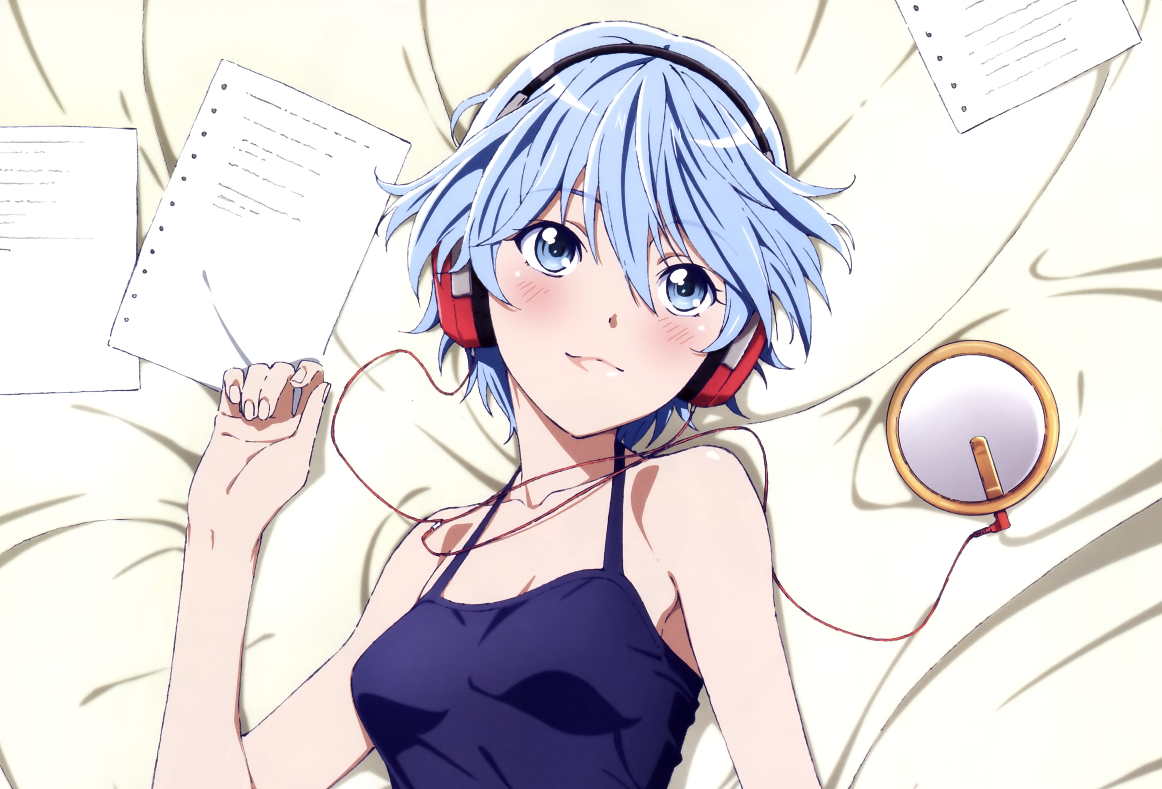 Anime 4076x2769 Fuuka anime girls Akitsuki Fuuka in bed headphones short hair blue hair blue eyes