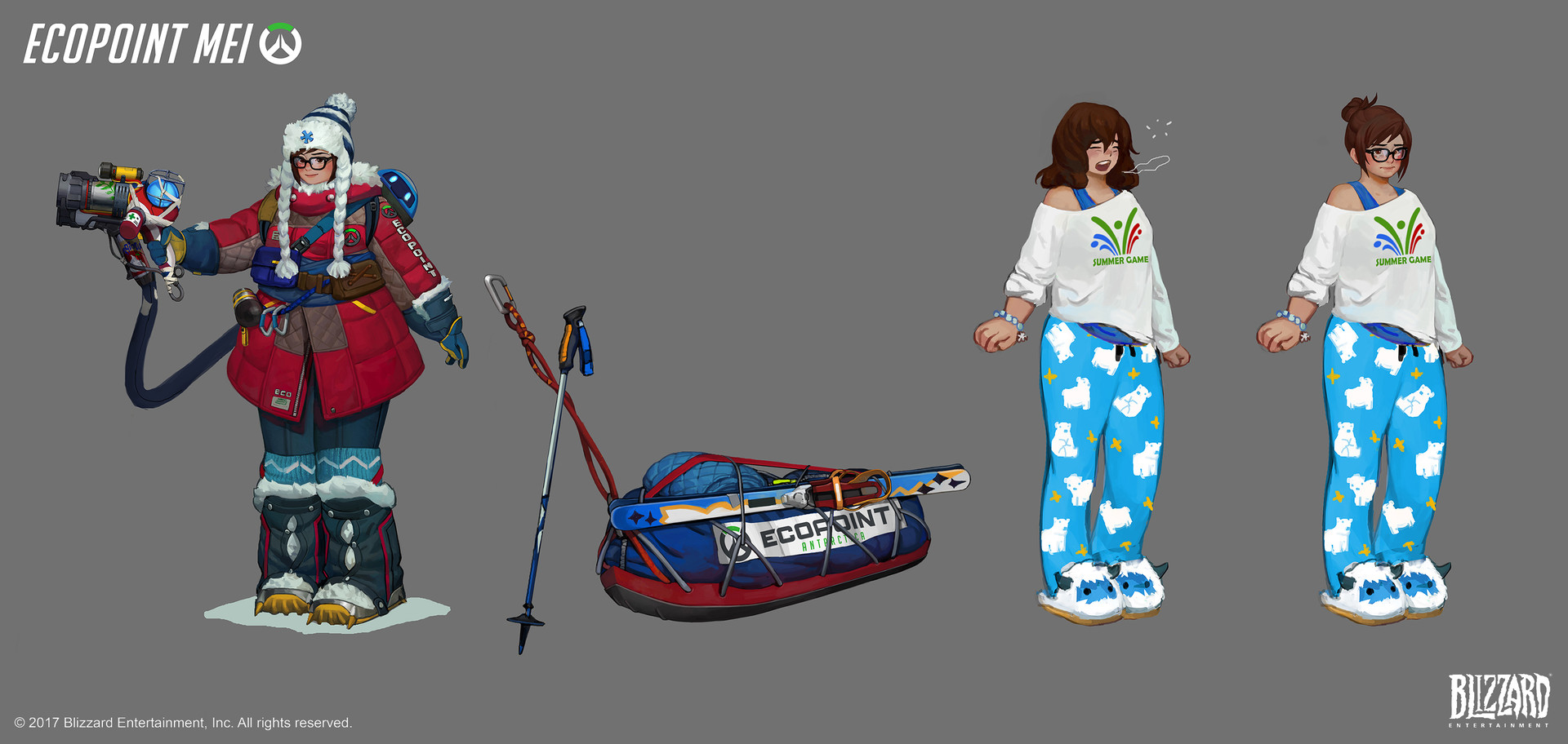 General 1920x912 Overwatch concept art Mei (Overwatch) pyjamas Snowball (Overwatch) beanie yawning PC gaming 2017 (Year) Blizzard Entertainment gray background simple background video game girls