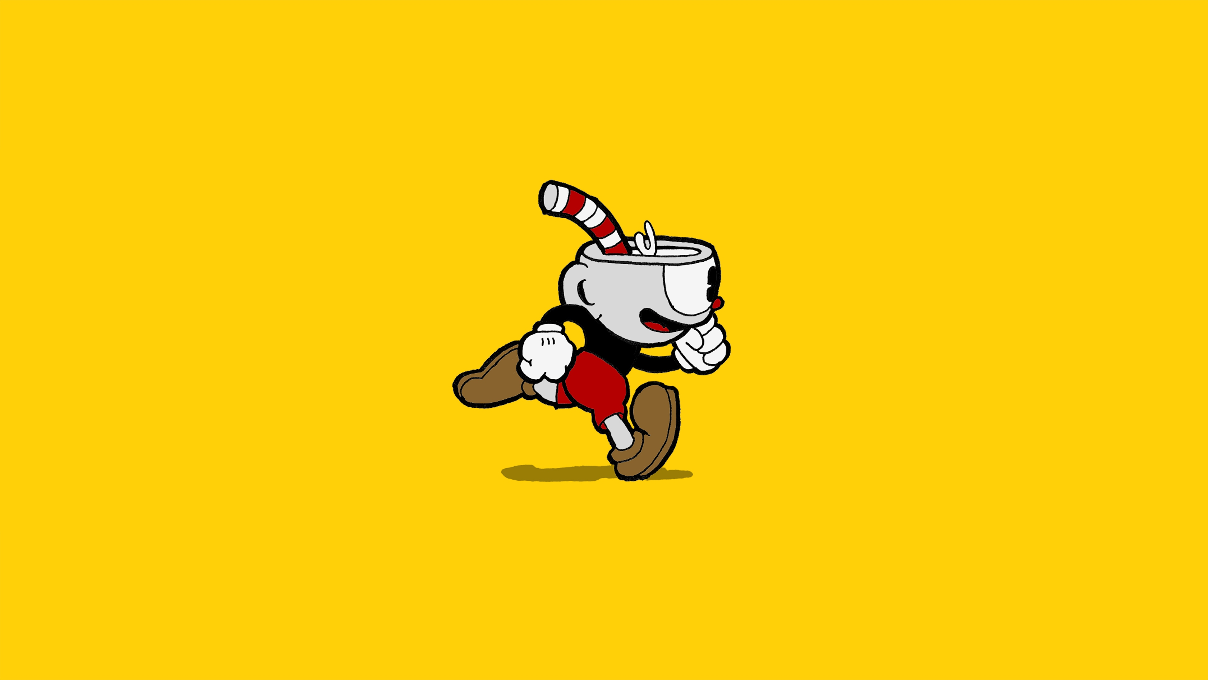 General 3840x2160 Cuphead (Video Game) simple background video game characters cup drinking straw gloves video games white gloves yellow background shorts running minimalism