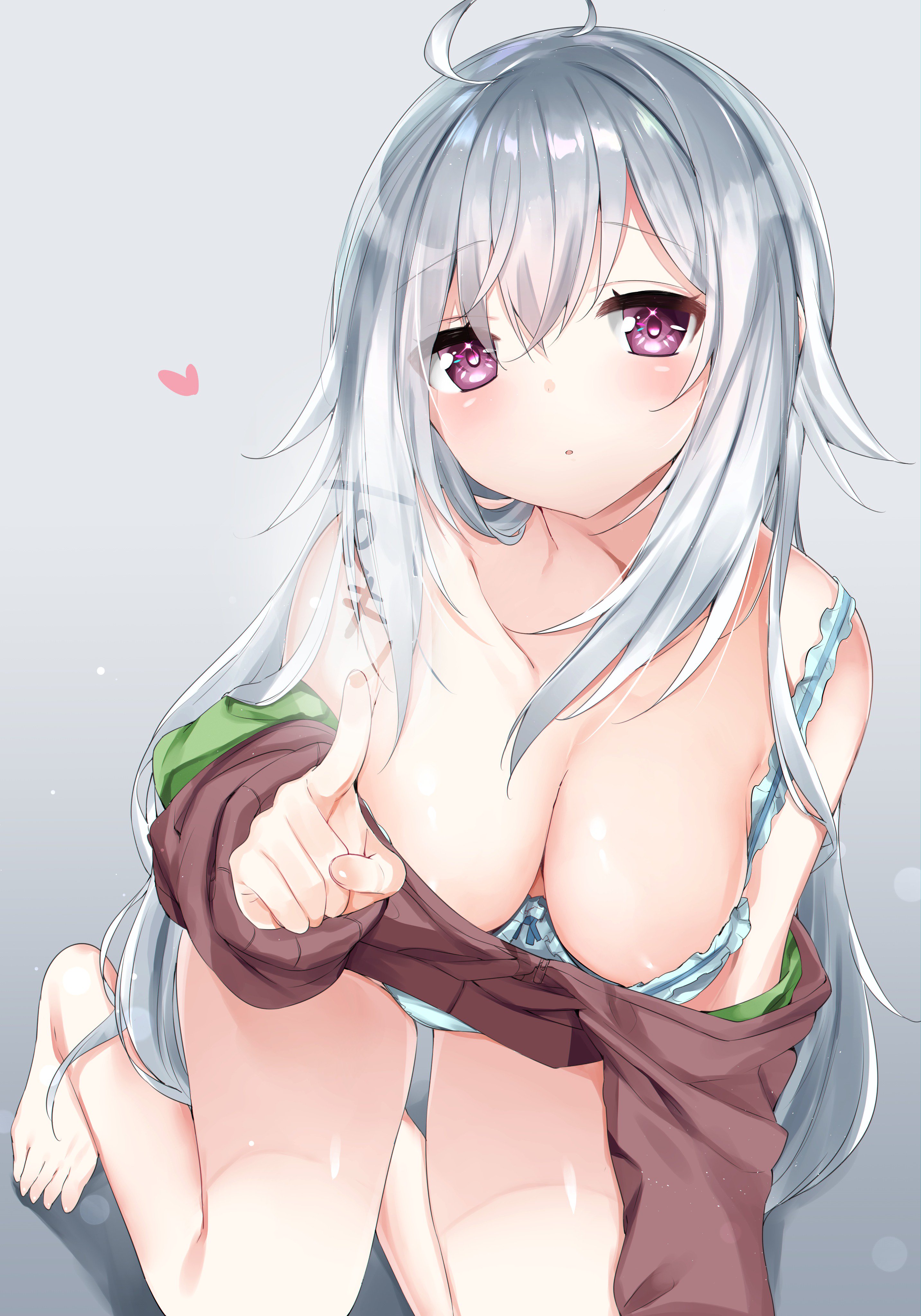Anime 2865x4096 white background bra cleavage open shirt panties sweater undressing barefoot silver hair purple eyes