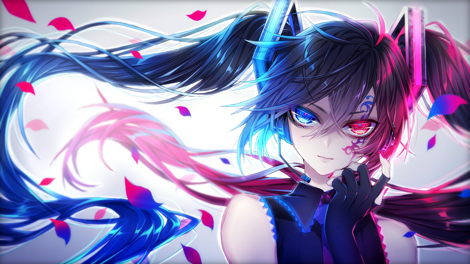 Anime 1920x1080 Vocaloid Hatsune Miku twintails headphones blue eyes red eyes heterochromia white background tattoo cherry blossom anime anime girls face Pixiv looking at viewer