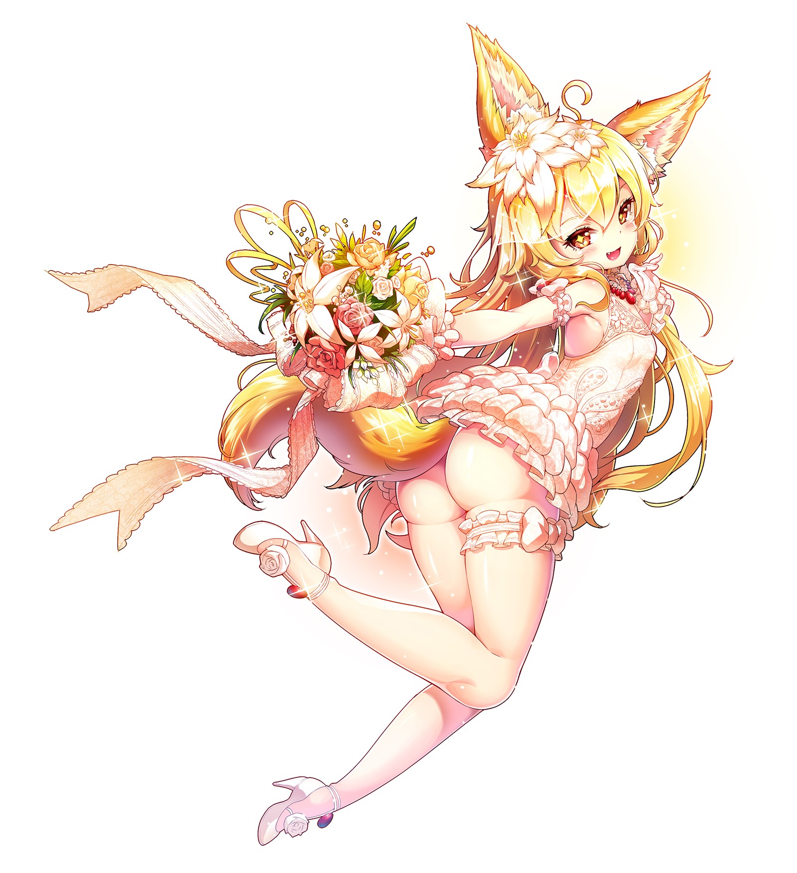 Anime 1600x1752 Tera online Elin(Tera) blonde Tera yellow eyes animal ears fox tail bottomless white dress