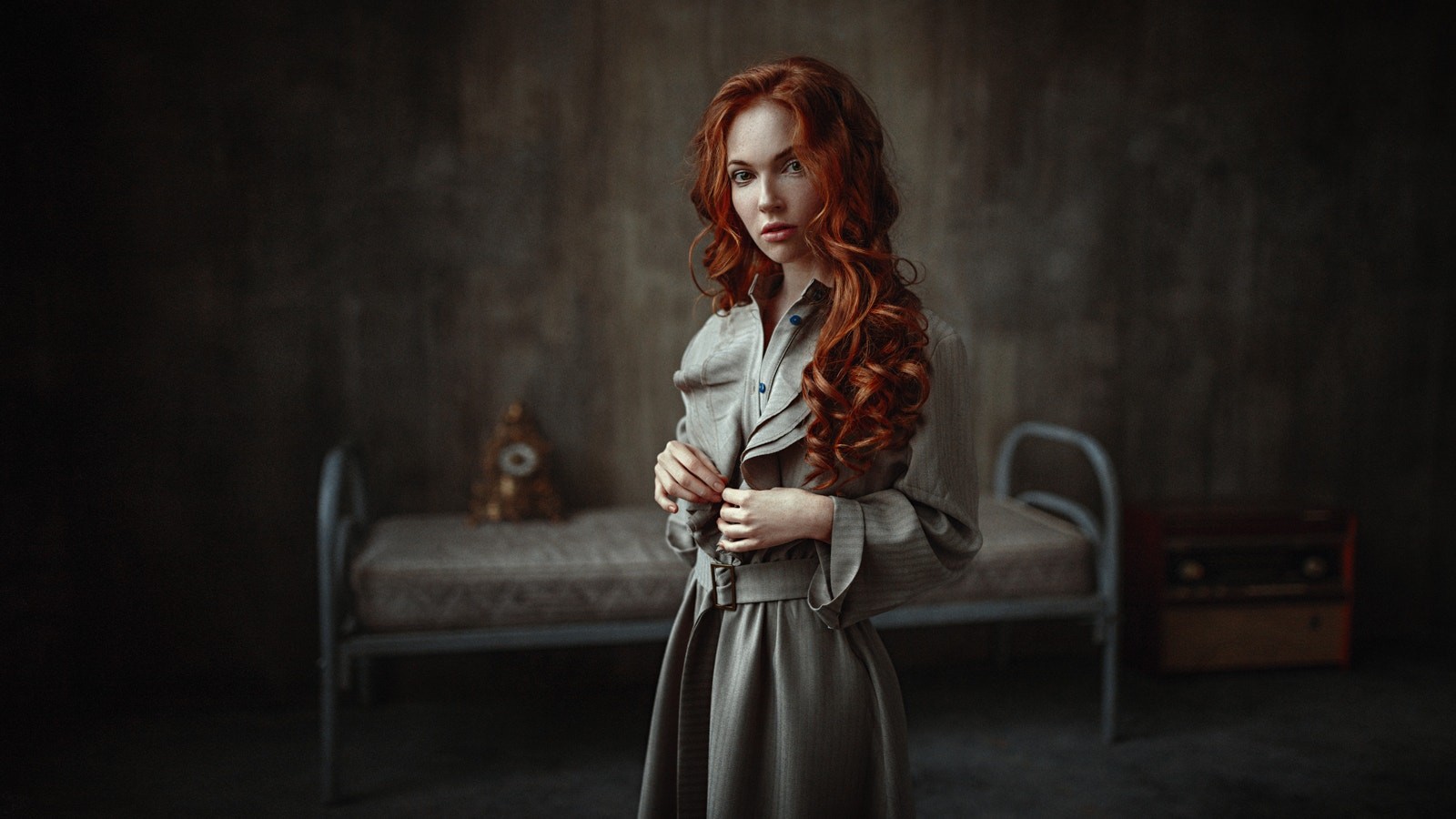 People 1600x900 Georgy Chernyadyev women model long hair redhead curly hair looking at viewer coats Oksana Butovskaya