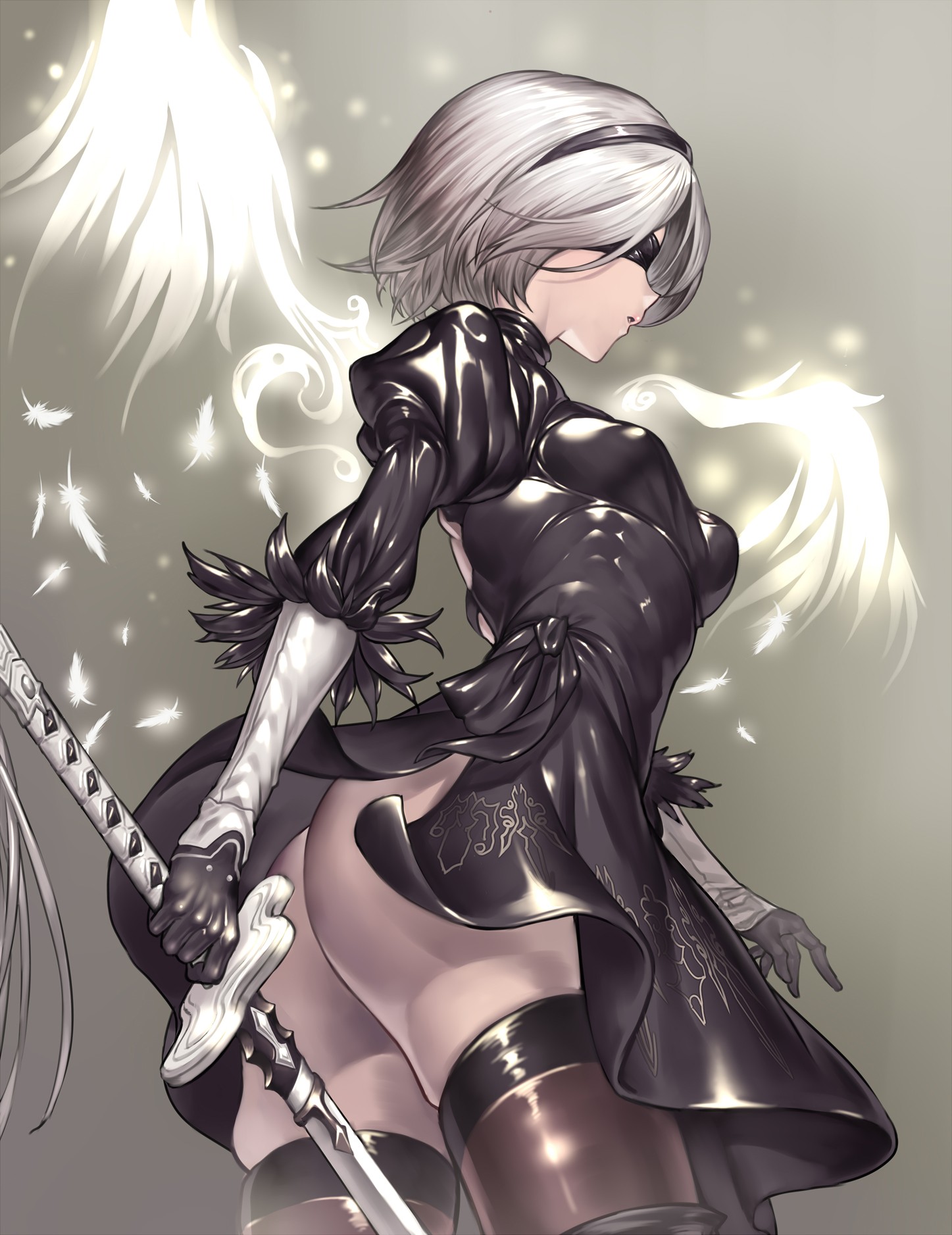 Anime 1447x1877 ass black dress Nier: Automata Nier sword thigh-highs wings 2B (Nier: Automata) simple background