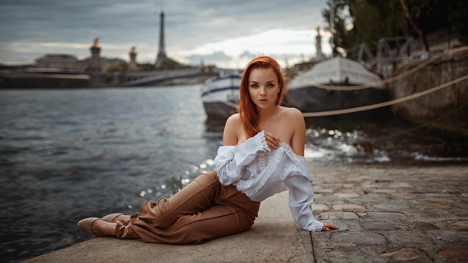 People 1600x900 Georgy Chernyadyev women Ekaterina Sherzhukova redhead riverside outdoors tan lines tanned Paris