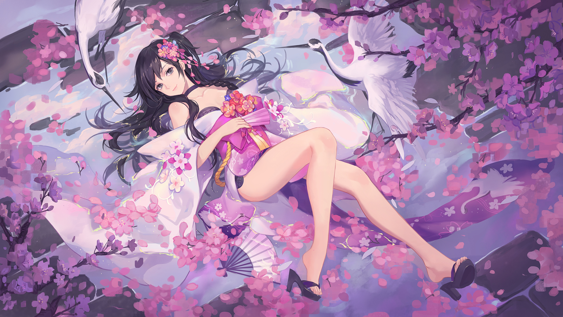 Anime 1920x1080 high heels cherry blossom ibis hanasa Criin Japanese clothes high angle legs looking at viewer