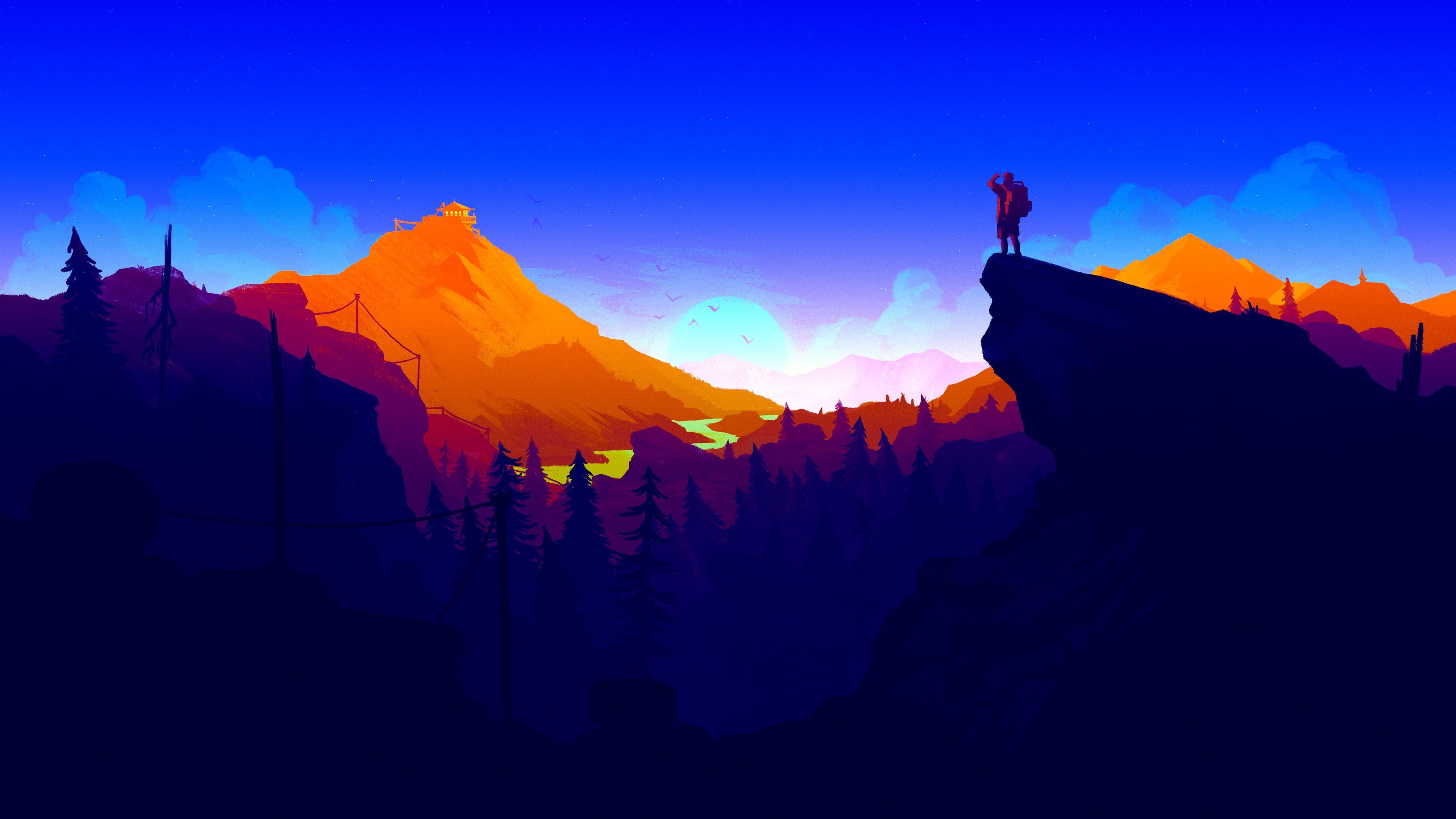 Firewatch, minimalism, sunset, landscape, mountains, hiking, orange, blue |  3840x2160 Wallpaper 