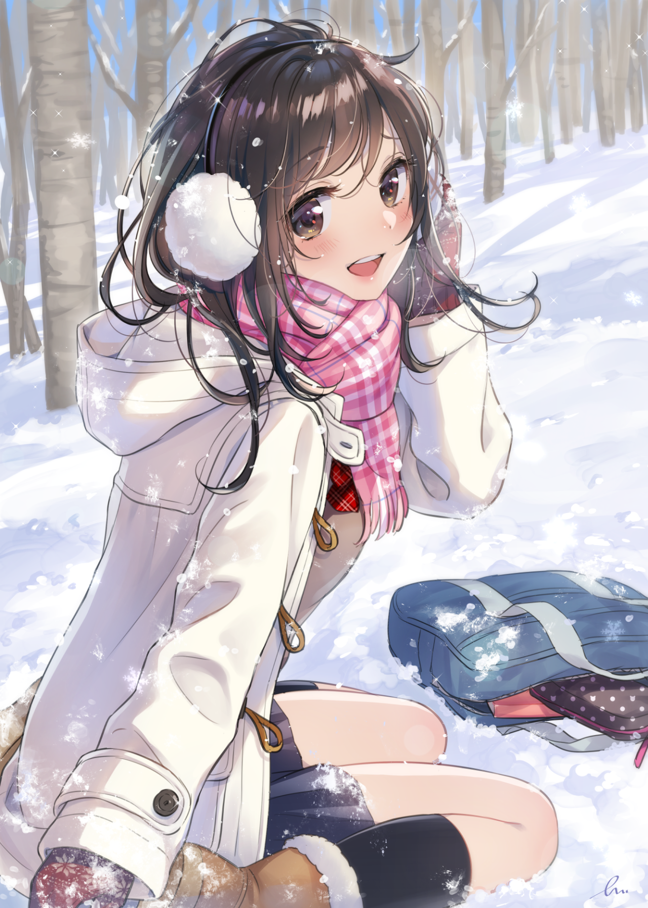 Anime 1280x1791 anime anime girls brunette snow winter outdoors cold brown eyes kneeling open mouth