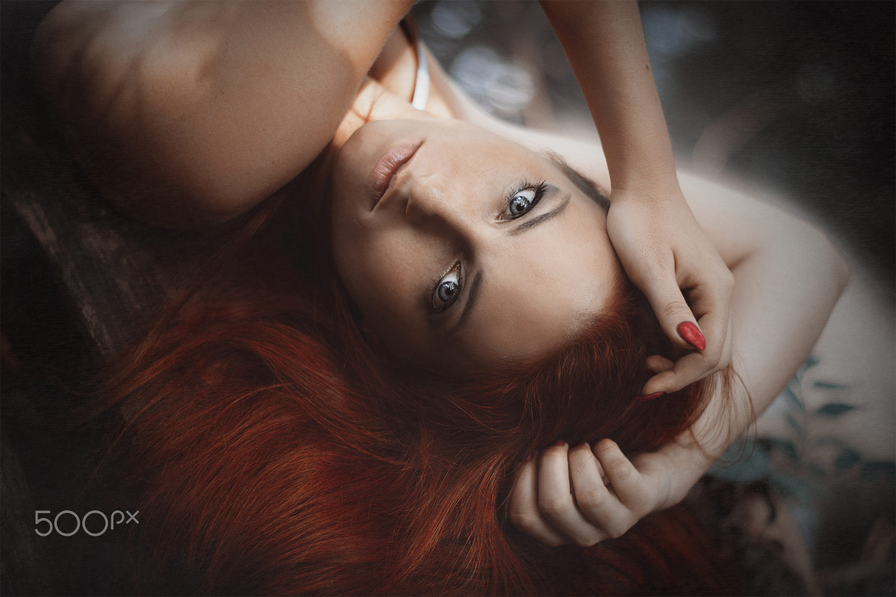 People 1800x1200 women redhead face lying on back blue eyes hand(s) in hair eyeshadow portrait Simona Némethová closeup watermarked 500px Jozef Kiss