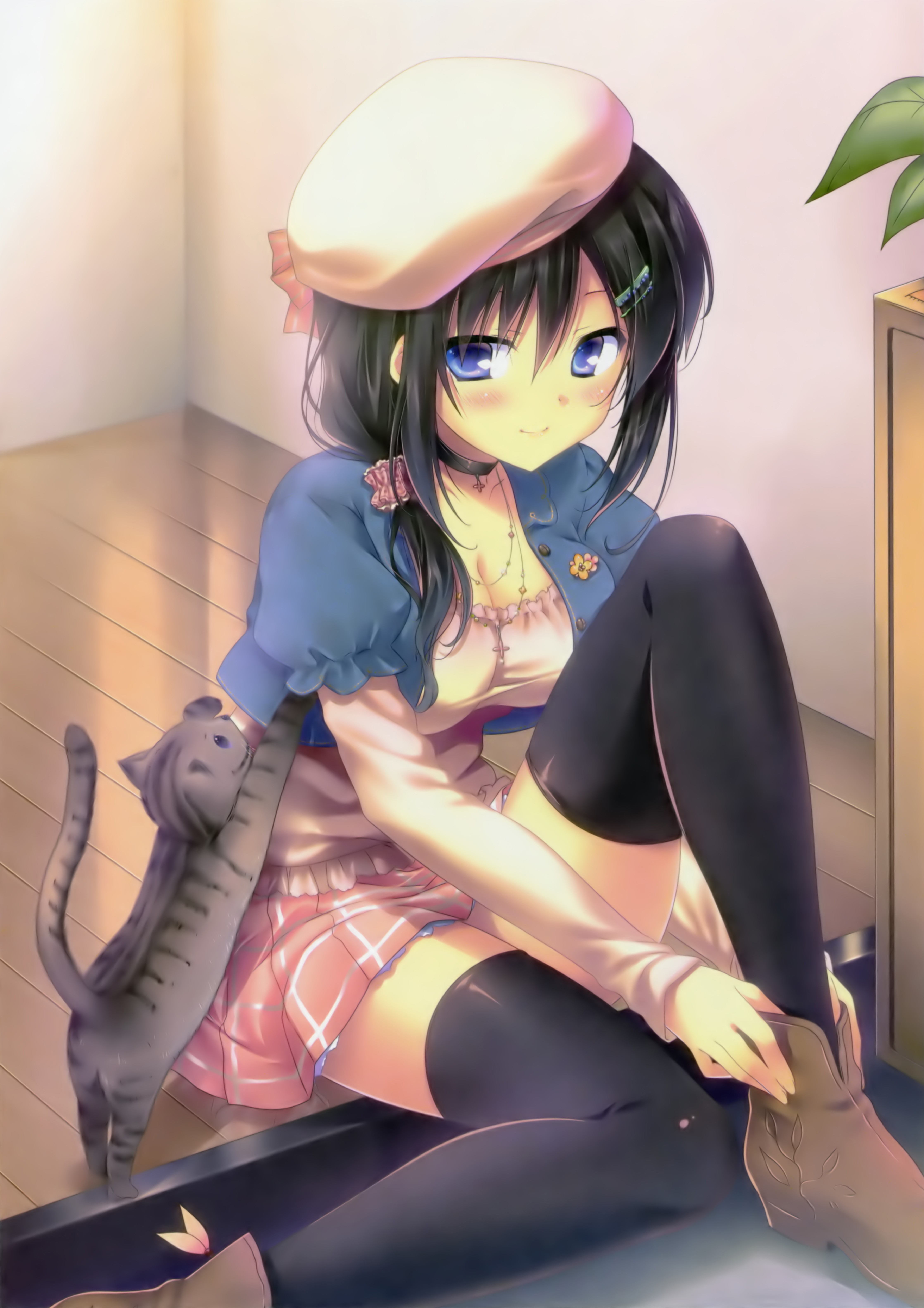 Anime 4473x6330 anime anime girls cleavage cats long hair black hair blue eyes open shirt stockings skirt thigh-highs Shouna Mitsuishi