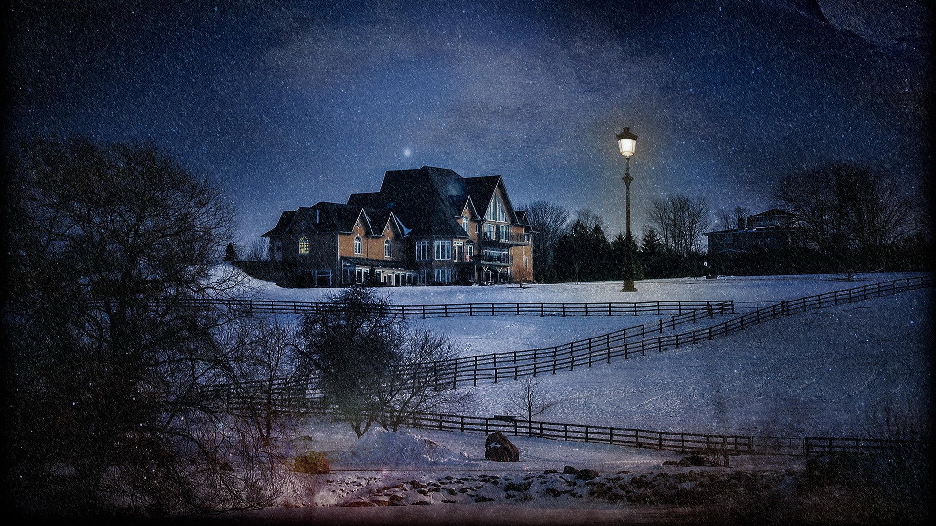 General 1920x1080 house lights nature trees forest night winter snow hills fence field stars lamp mansions