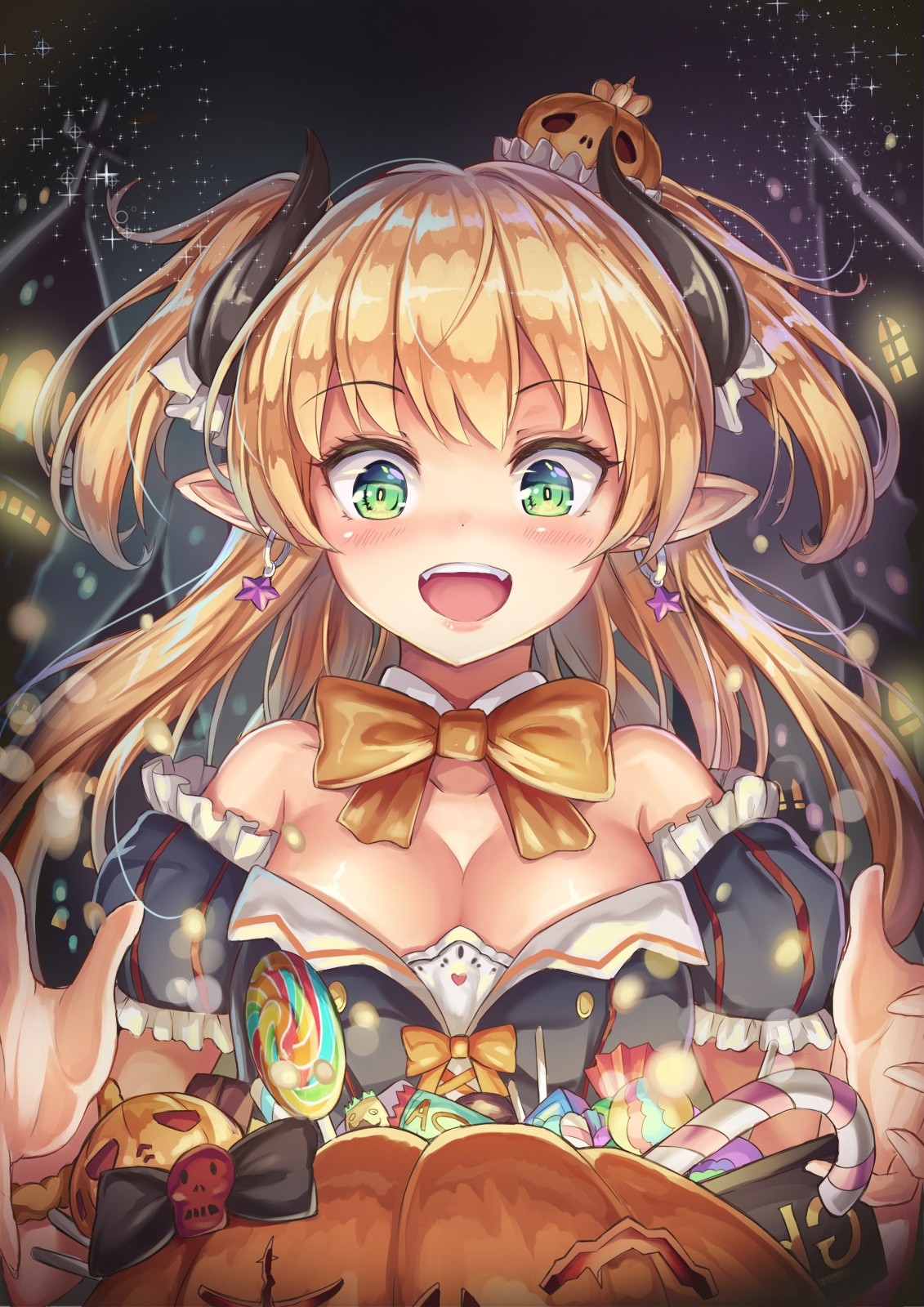 Anime 1131x1600 Halloween cleavage horns Jougasaki Rika pointy ears THE iDOLM@STER THE iDOLM@STER: Cinderella Girls green eyes blonde open mouth pointed toes bow tie
