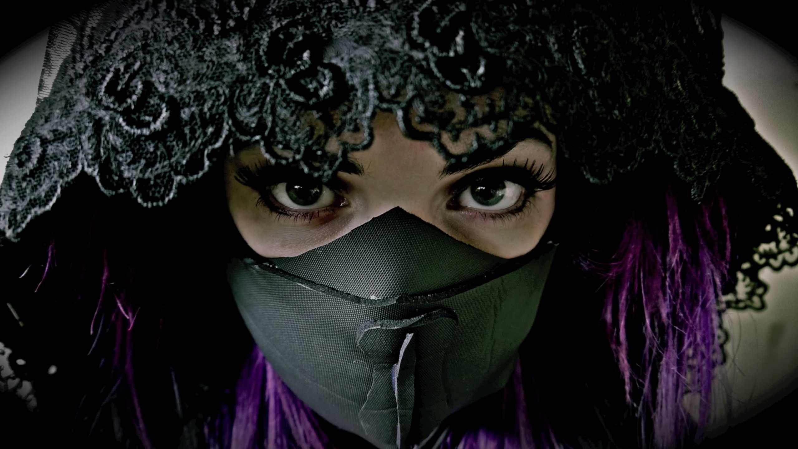 People 2560x1440 purple hair women mask Veela closeup
