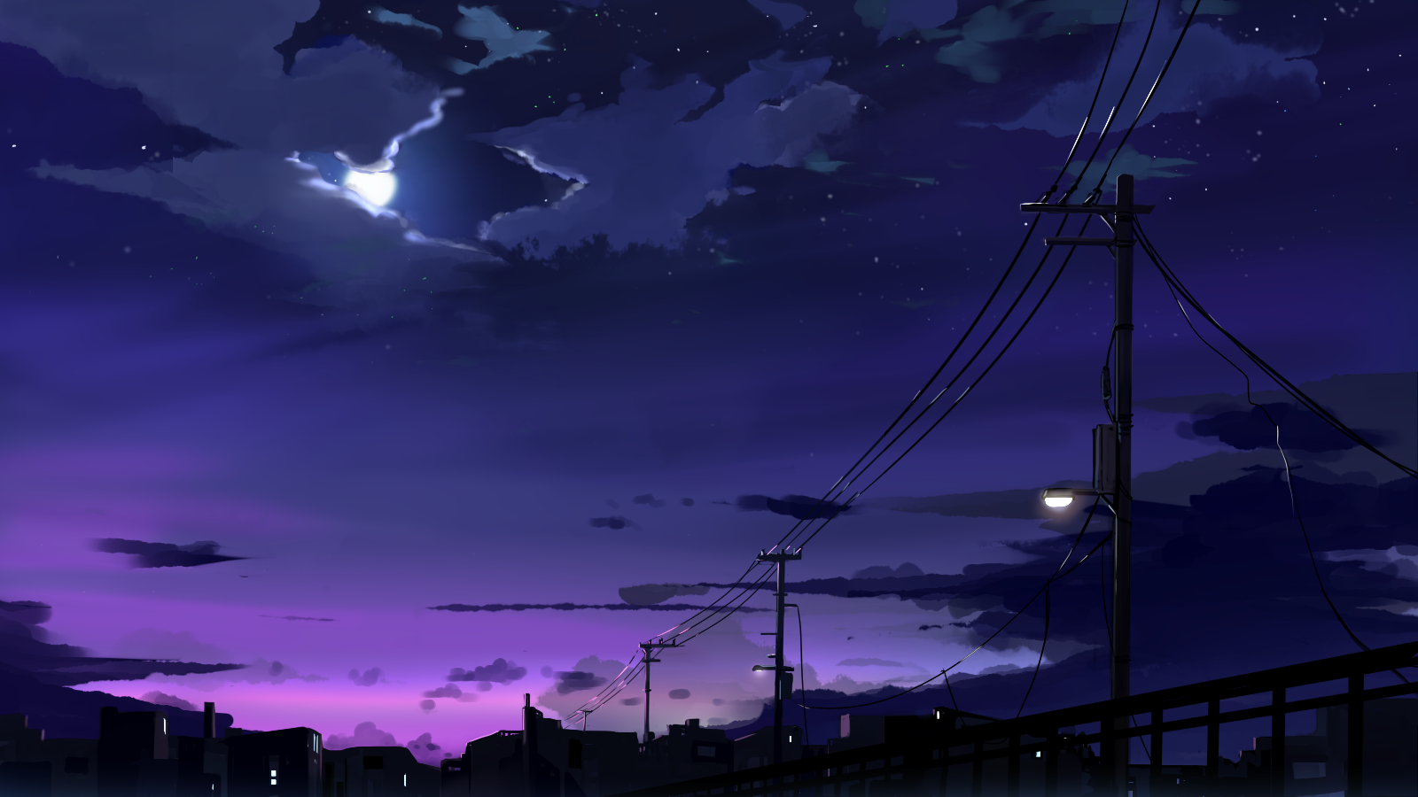 Anime 1600x900 night digital art anime sky Moon urban dark power lines
