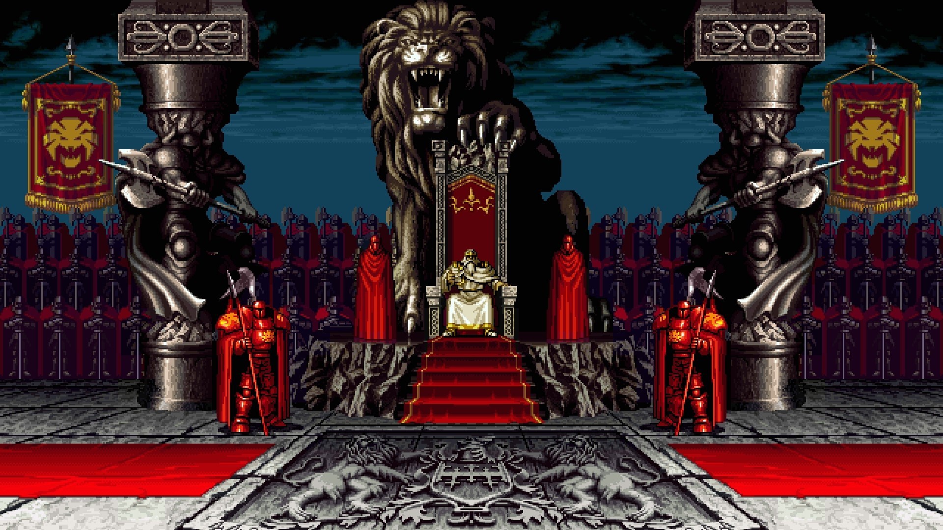 General 1920x1080 video games pixel art pixels digital art throne knight lion Samurai Shodown Axe (Dota 2) statue flag