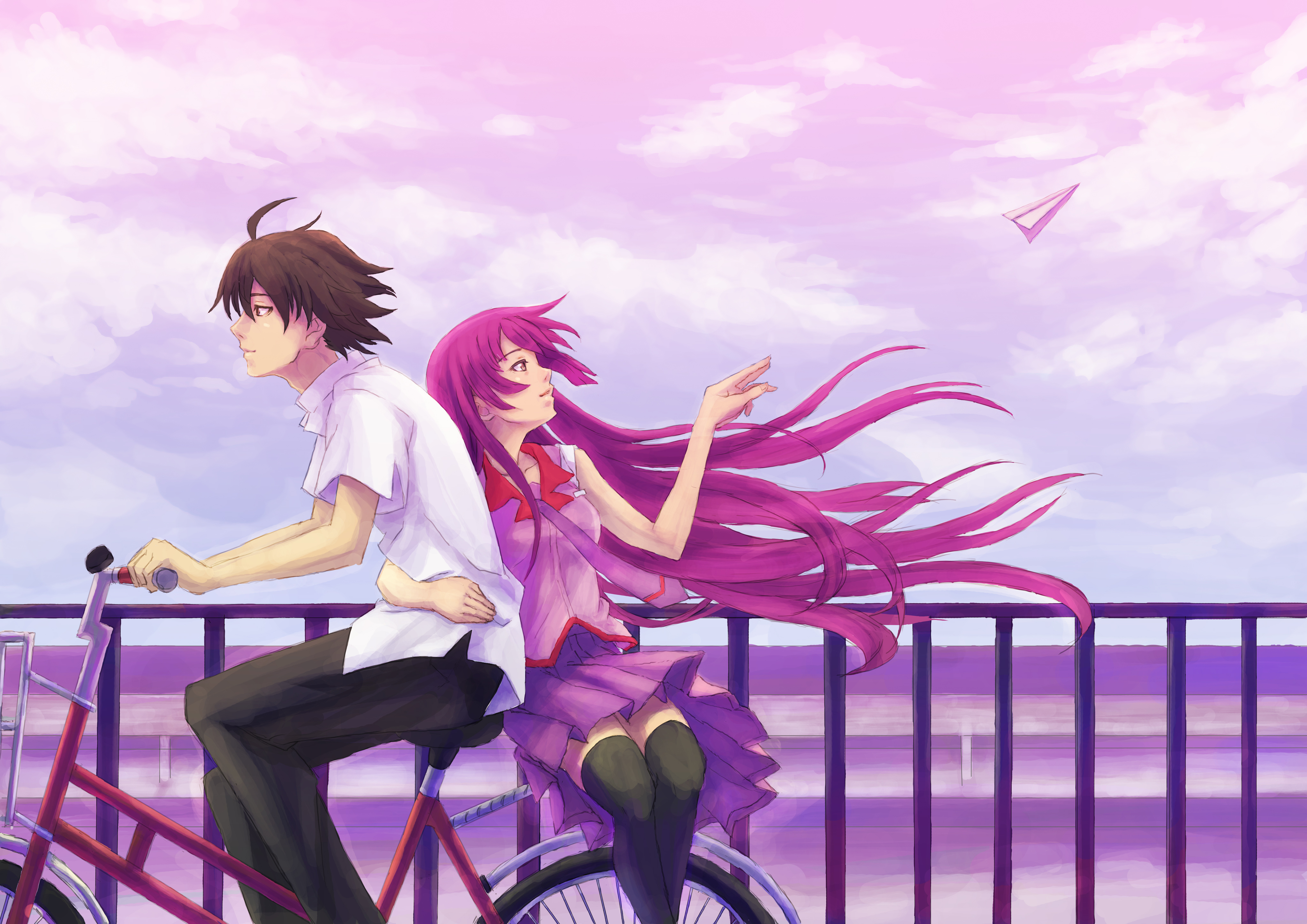 Anime 4093x2894 anime Monogatari Series purple hair long hair bicycle Araragi Koyomi Senjougahara Hitagi