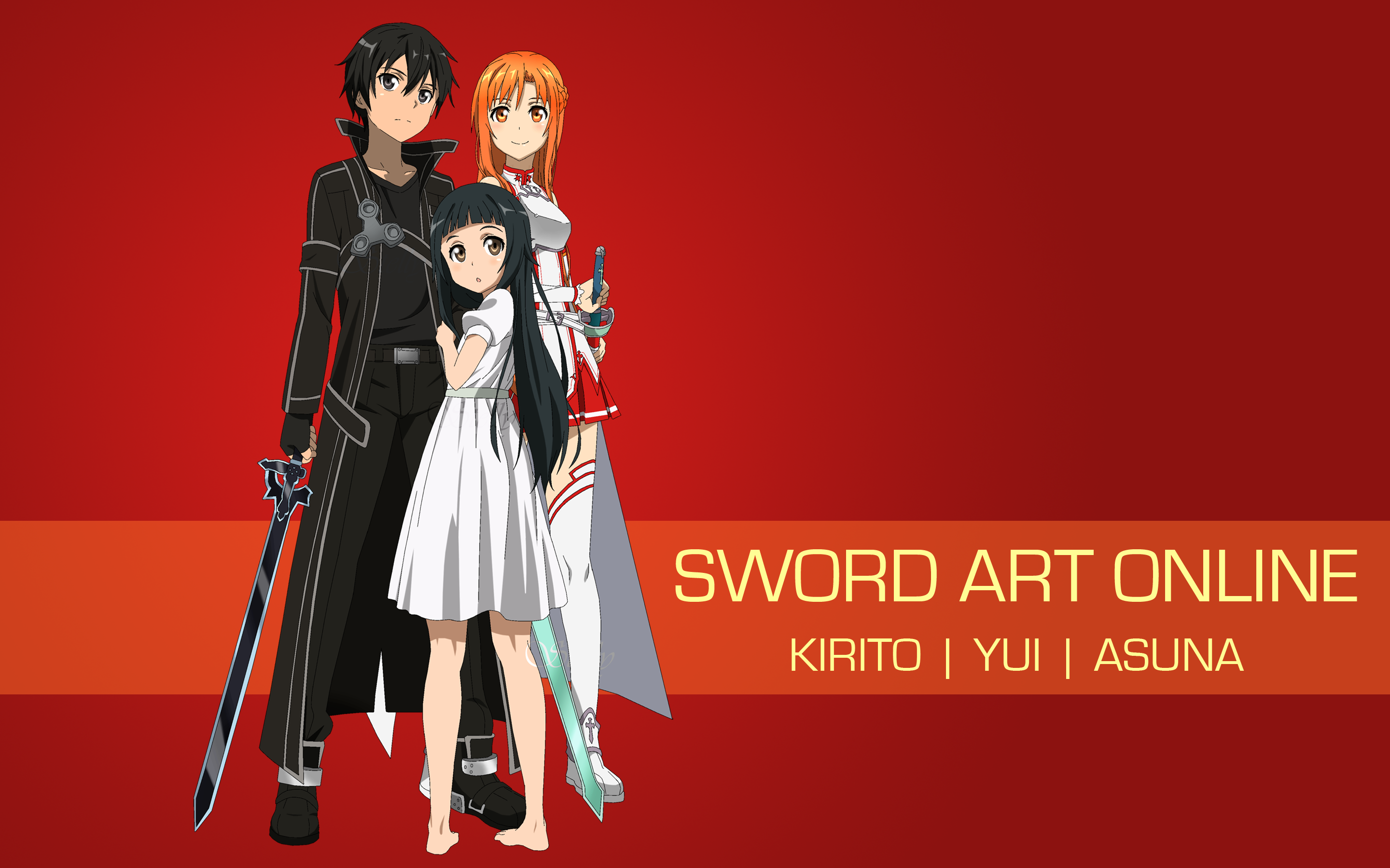 Anime 2880x1800 Sword Art Online Yui-MHCP001 Yuuki Asuna (Sword Art Online) red background simple background Kirigaya Kazuto (Sword Art Online)