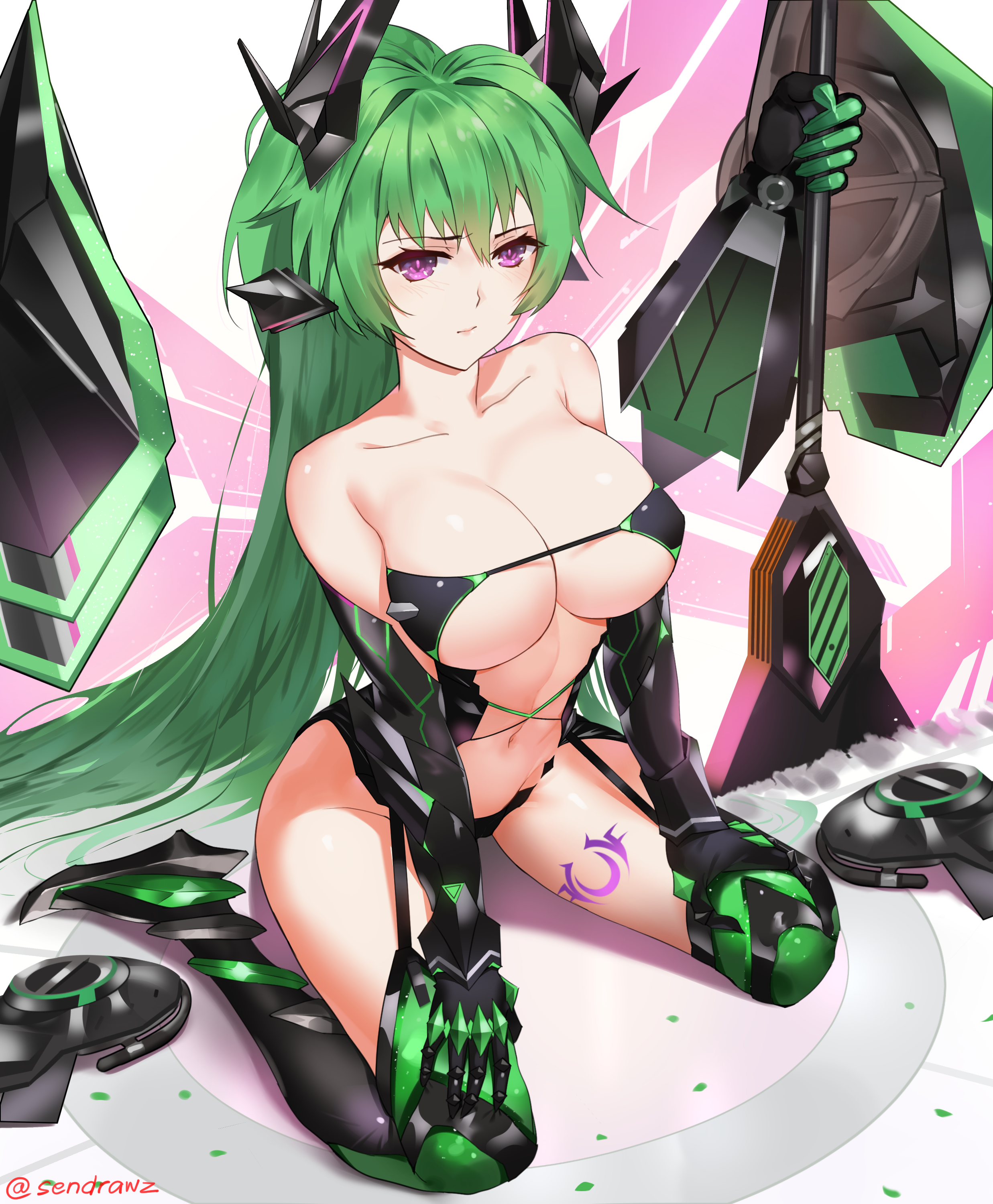 Anime 2474x3000 bikini armor horns stockings tattoo thigh-highs weapon green hair purple eyes boobs Hyperdimension Neptunia Green Heart