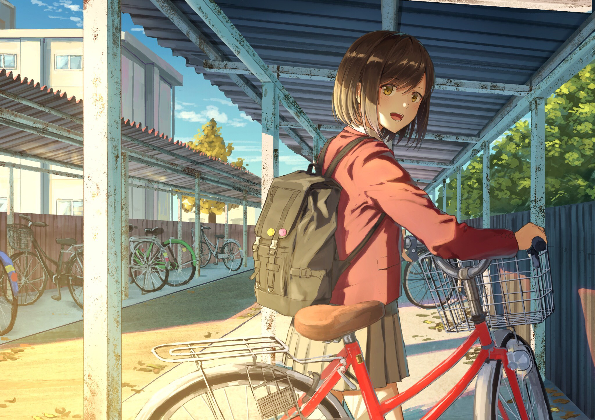 Anime 2047x1447 sunlight schoolgirl open mouth short hair backpacks sky brunette brown eyes bicycle anime girls Sugi87