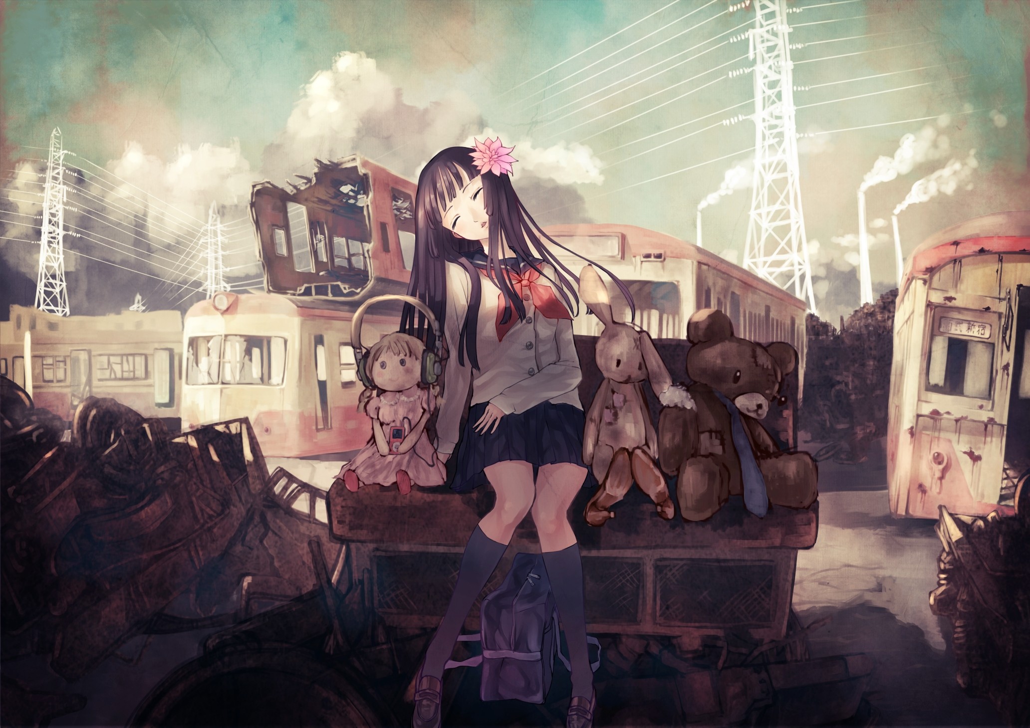 Anime 2064x1460 anime girls flower in hair closed eyes teddy bears anime plush toy train vehicle wreck skirt long hair knees together