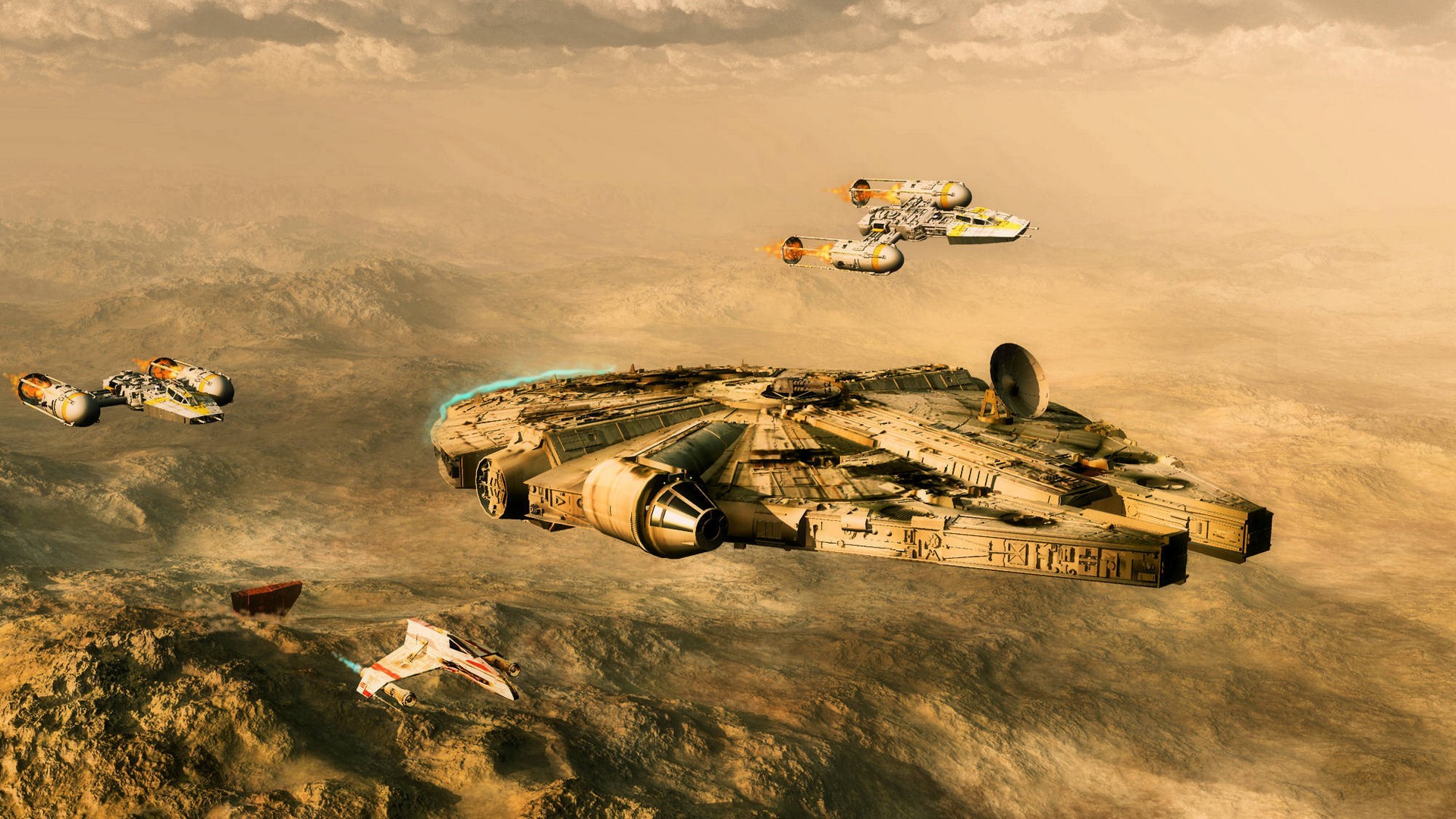 General 1920x1080 digital art science fiction Star Wars Millennium Falcon Y-Wing artwork spaceship Star Wars Ships CGI vehicle