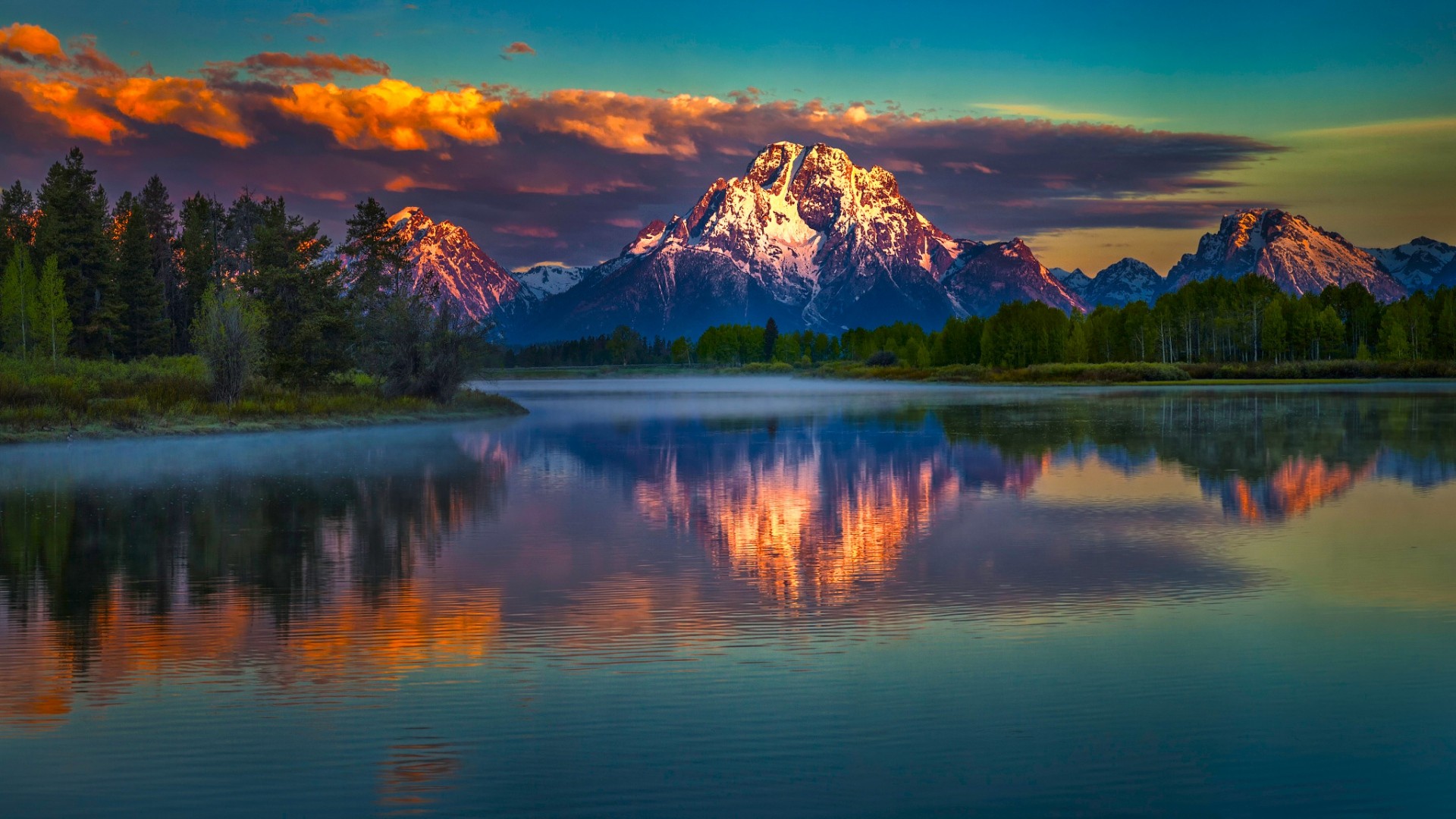 General 1920x1080 nature landscape mountains clouds snowy peak trees water lake mist morning Sun forest reflection Wyoming USA national park Grand Teton National Park