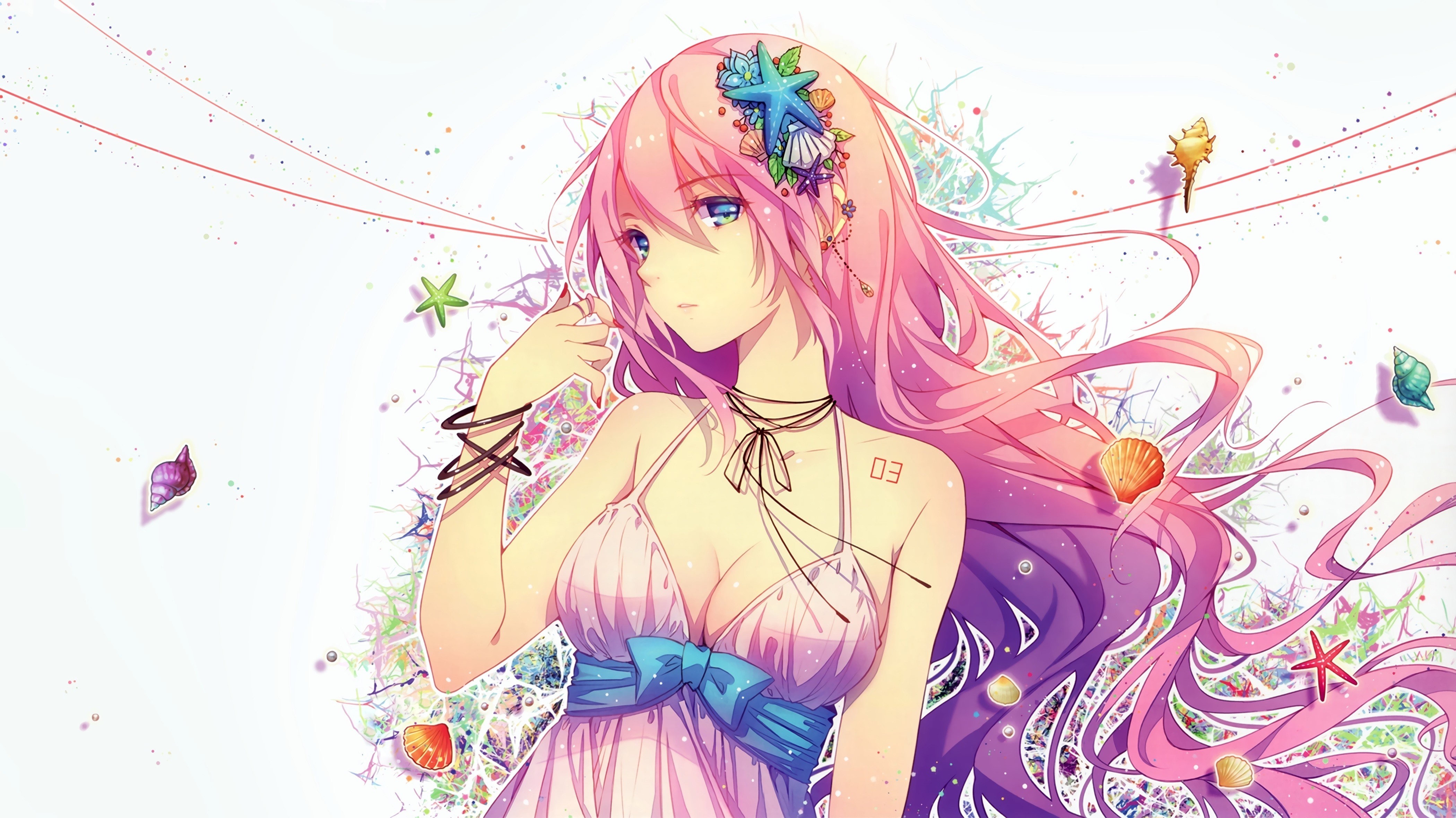 Anime 4200x2360 anime girls anime pink hair long hair blue eyes cleavage boobs white background simple background