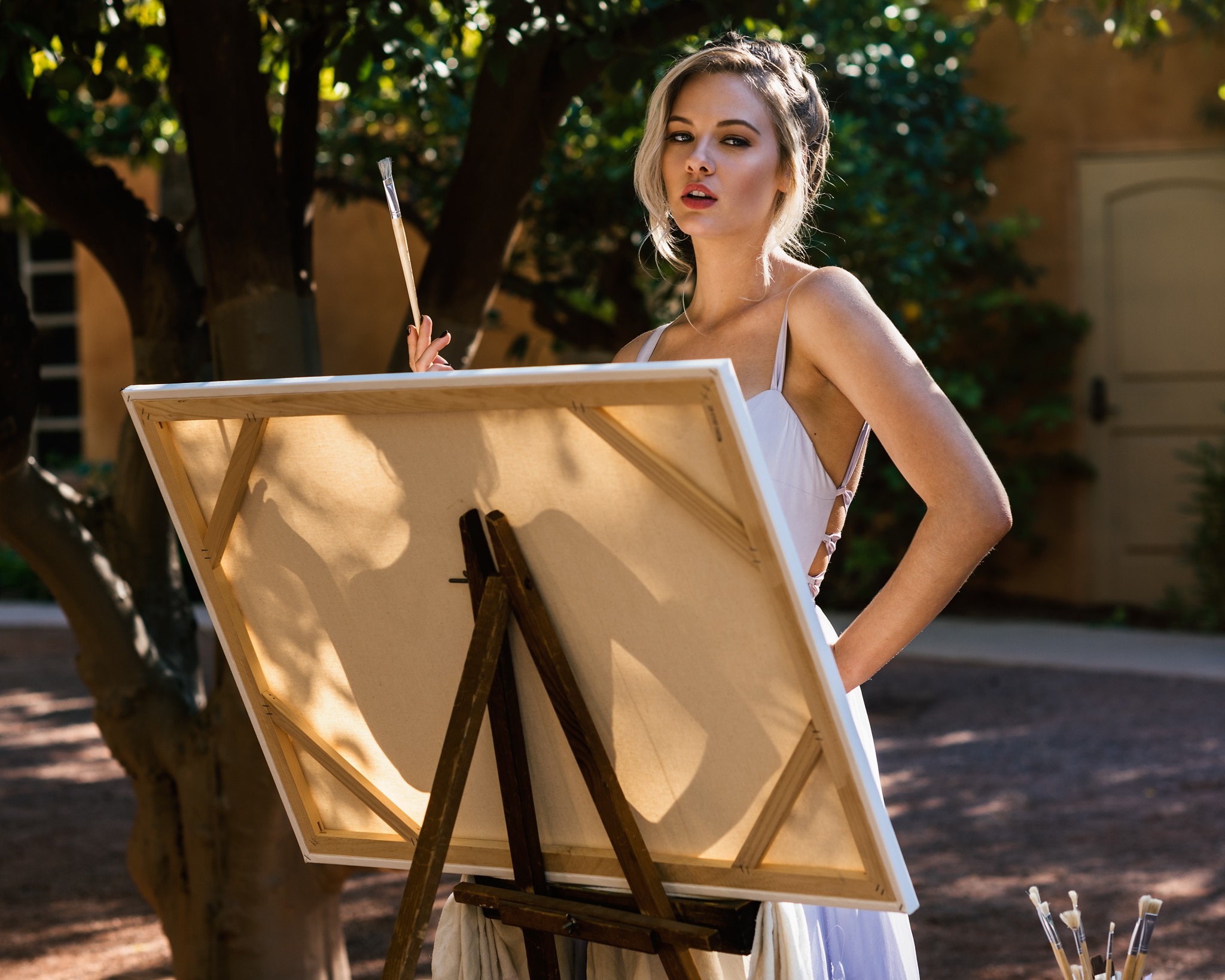 People 2048x1638 women model blonde painting painters canvas looking at viewer paint brushes women outdoors parted lips makeup white clothing white dress dress