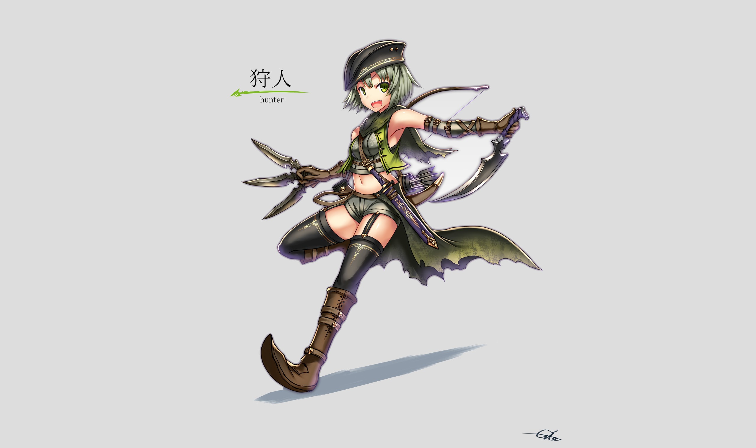 Anime 2560x1519 anime anime girls bow gray weapon zettai ryouiki knife sword original characters dagger hat Pixiv stockings green hair green eyes open mouth pants simple background