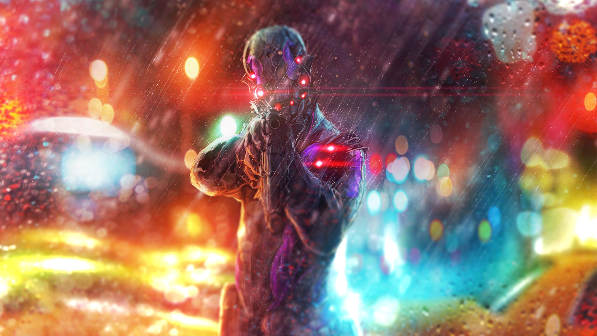 General 1920x1080 cyberpunk gun rain lights colorful futuristic armor ArtStation artwork futuristic weapon