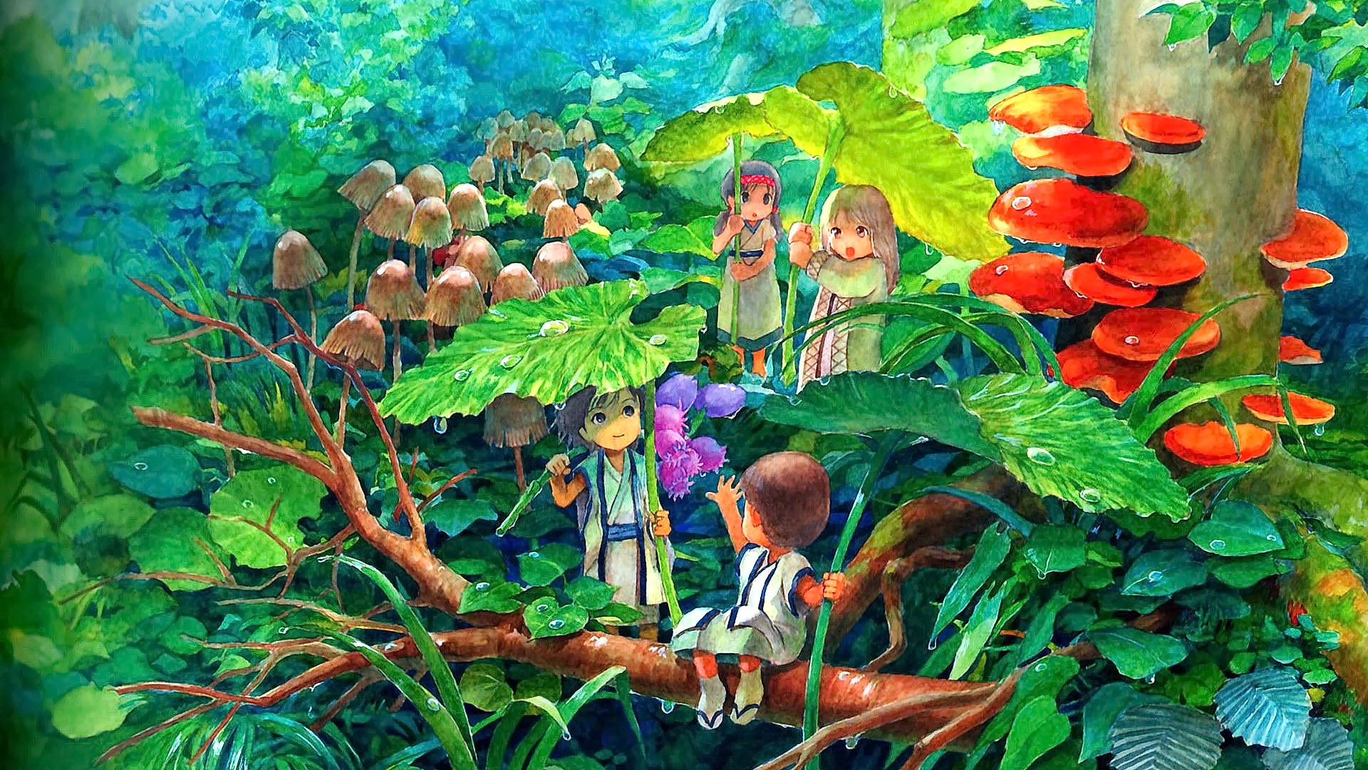 Anime 1920x1080 anime anime girls brunette blonde trees plants fantasy art mushroom leaves forest