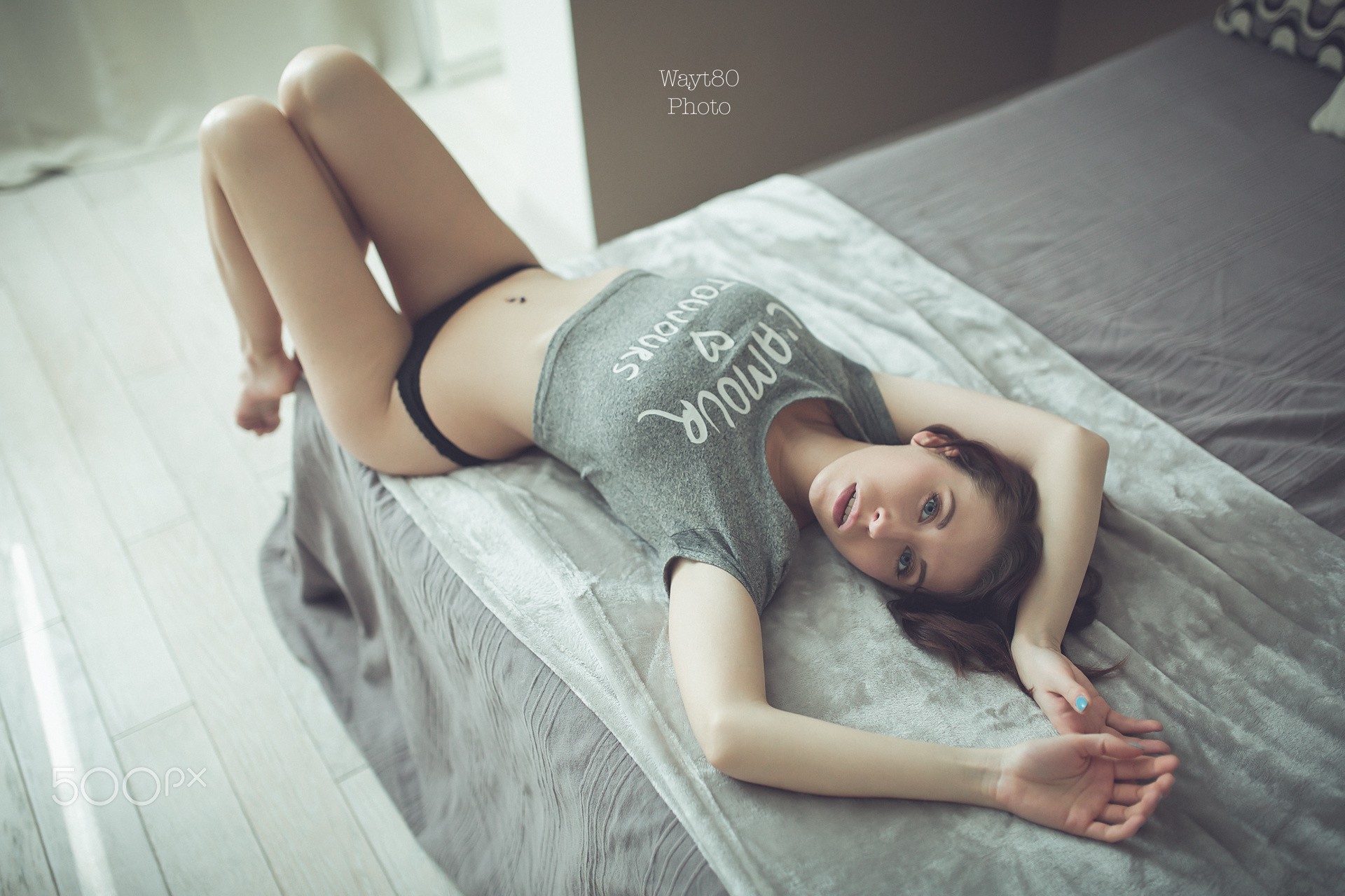 People 1920x1280 women in bed panties T-shirt looking at viewer pierced navel 500px high angle Wayt80 Photo black panties lying on back knees together belly black underwear printed shirts women indoors bent legs watermarked arms up bare midriff barefoot painted nails