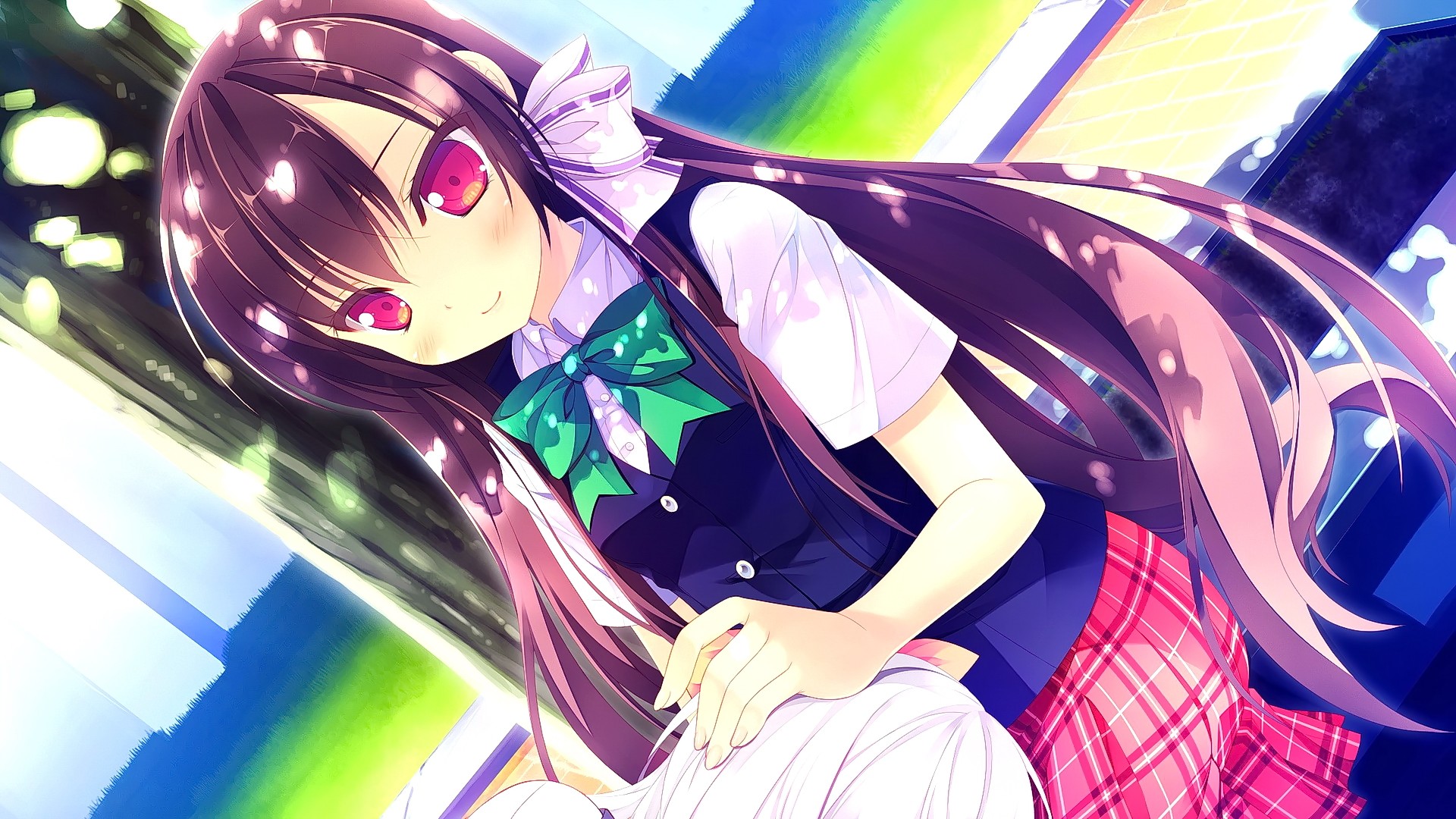 Anime 1920x1080 anime anime girls brunette red eyes long hair hairband school uniform smiling looking at viewer
