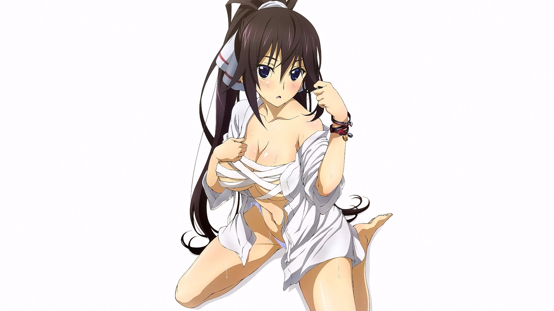 Anime 1920x1080 anime anime girls white background brunette open mouth long hair looking at viewer Infinite Stratos Shinonono Houki boobs big boobs simple background kneeling belly blue eyes