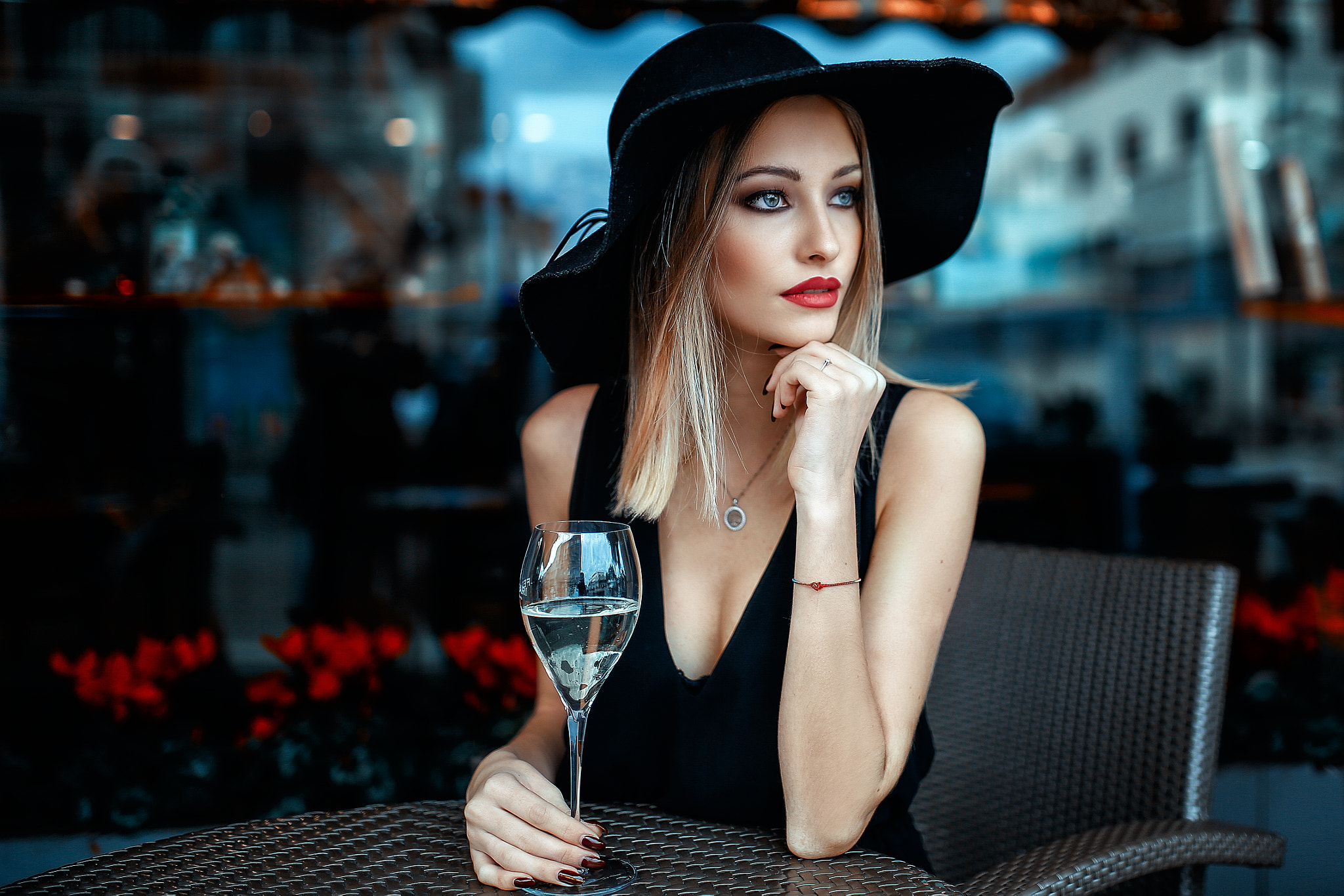 People 2048x1366 women hat blue eyes painted nails chair table blonde drinking glass depth of field Alessandro Di Cicco red lipstick necklace looking away black hat women with hats