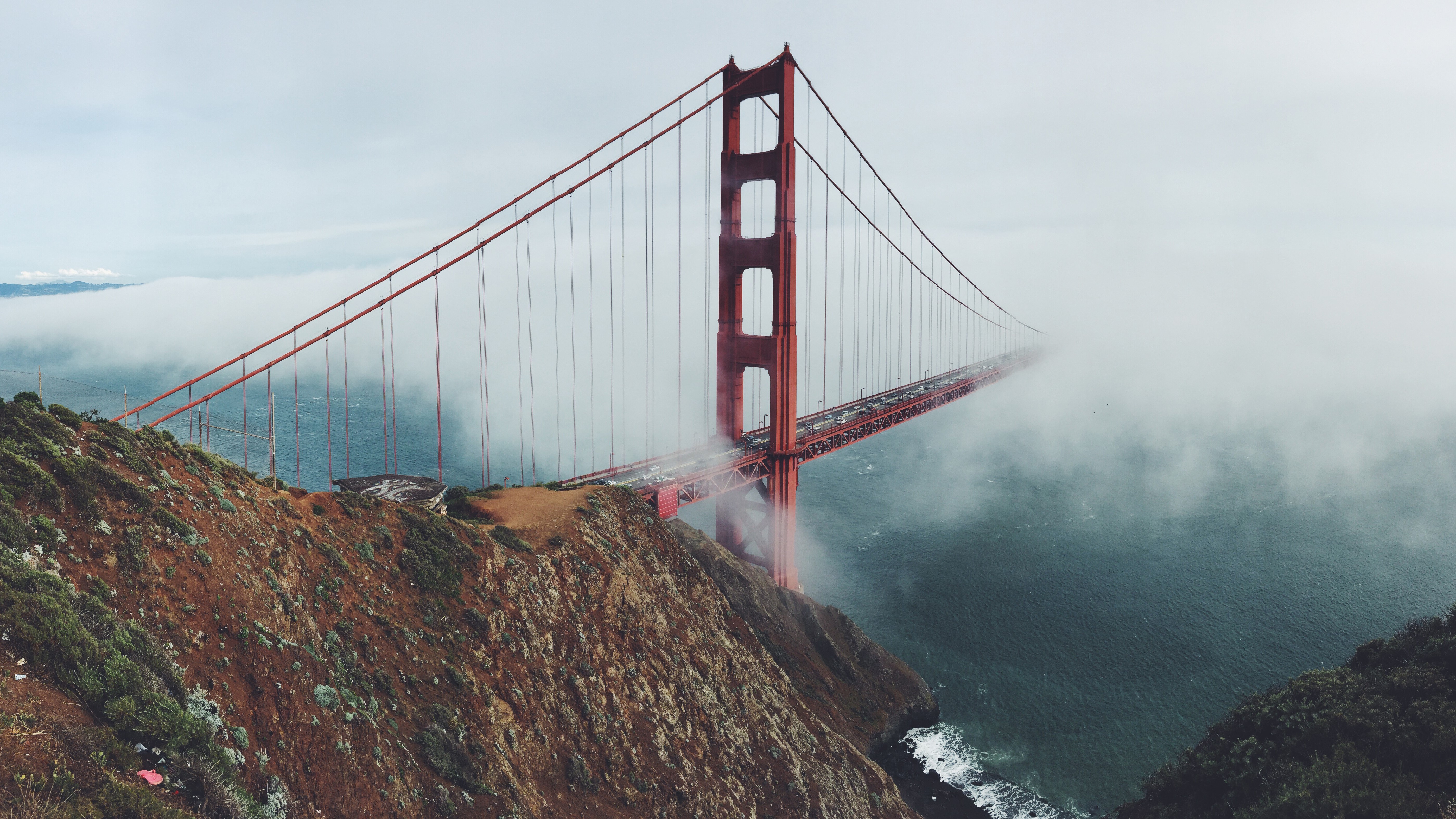 General 5595x3147 bridge mist sea sky Golden Gate Bridge waves suspension bridge USA